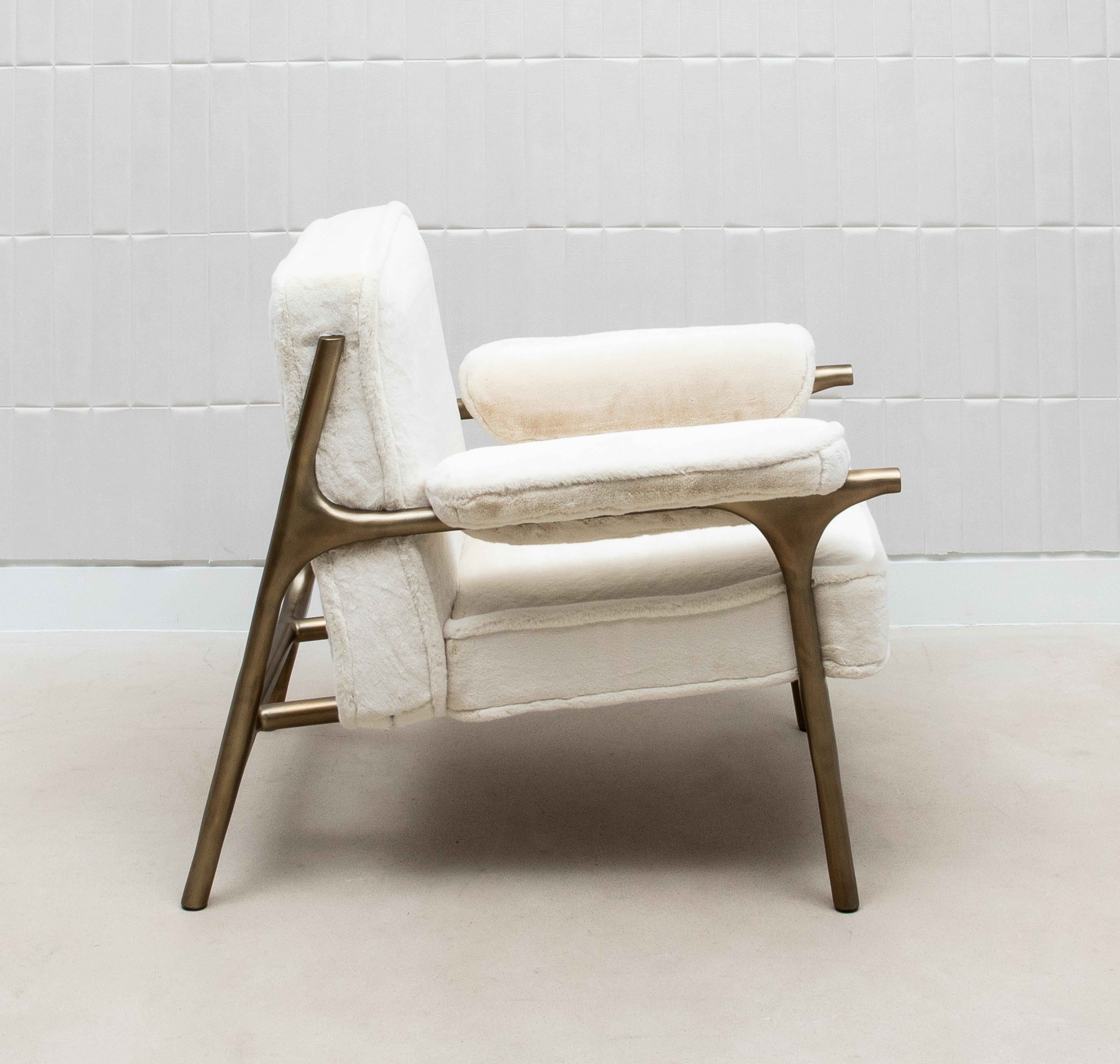 Faux Fur Armchair and Ottoman with Bronze Patina Brass Accents by R&Y Augousti For Sale 3