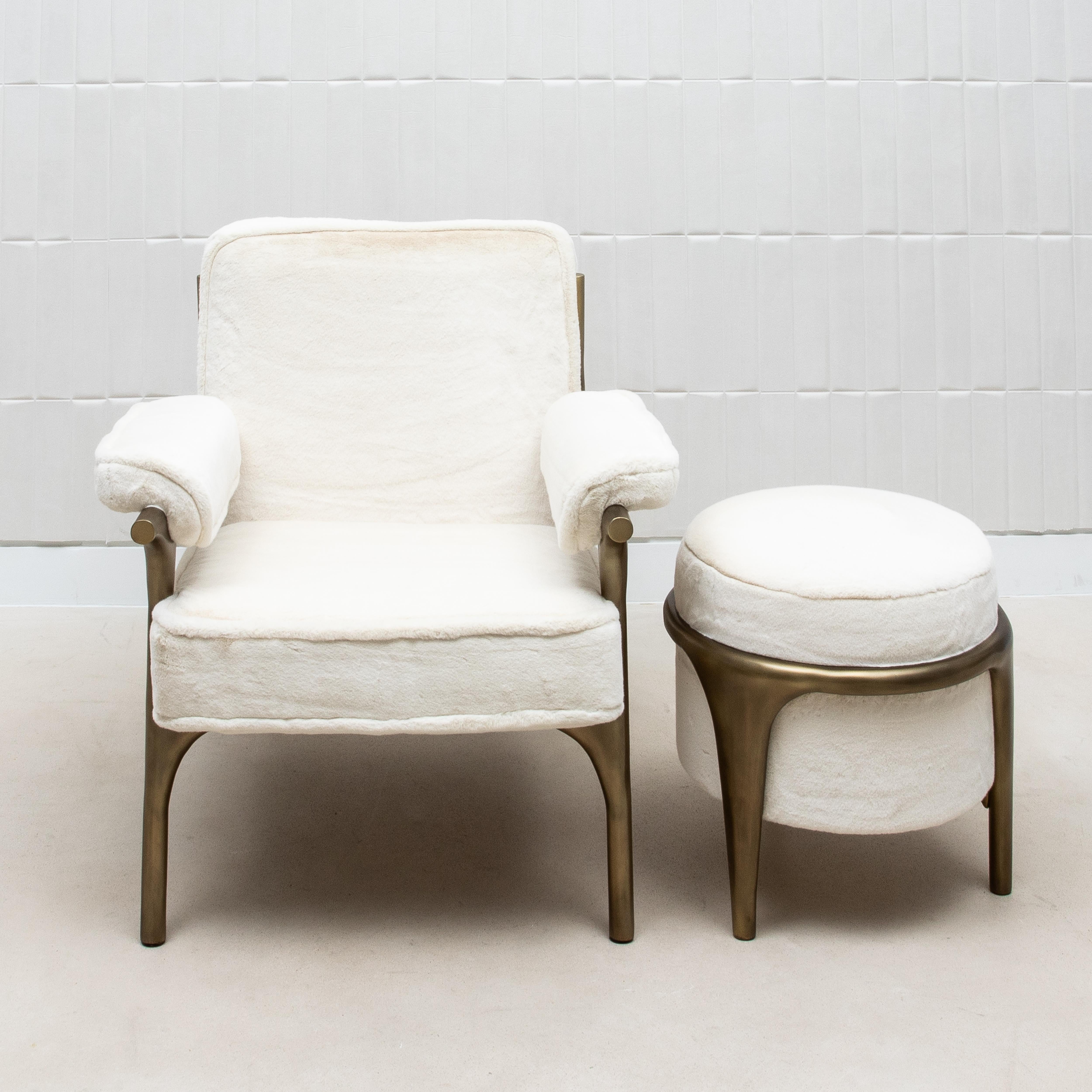 Art Deco Faux Fur Armchair and Ottoman with Bronze Patina Brass Accents by R&Y Augousti For Sale
