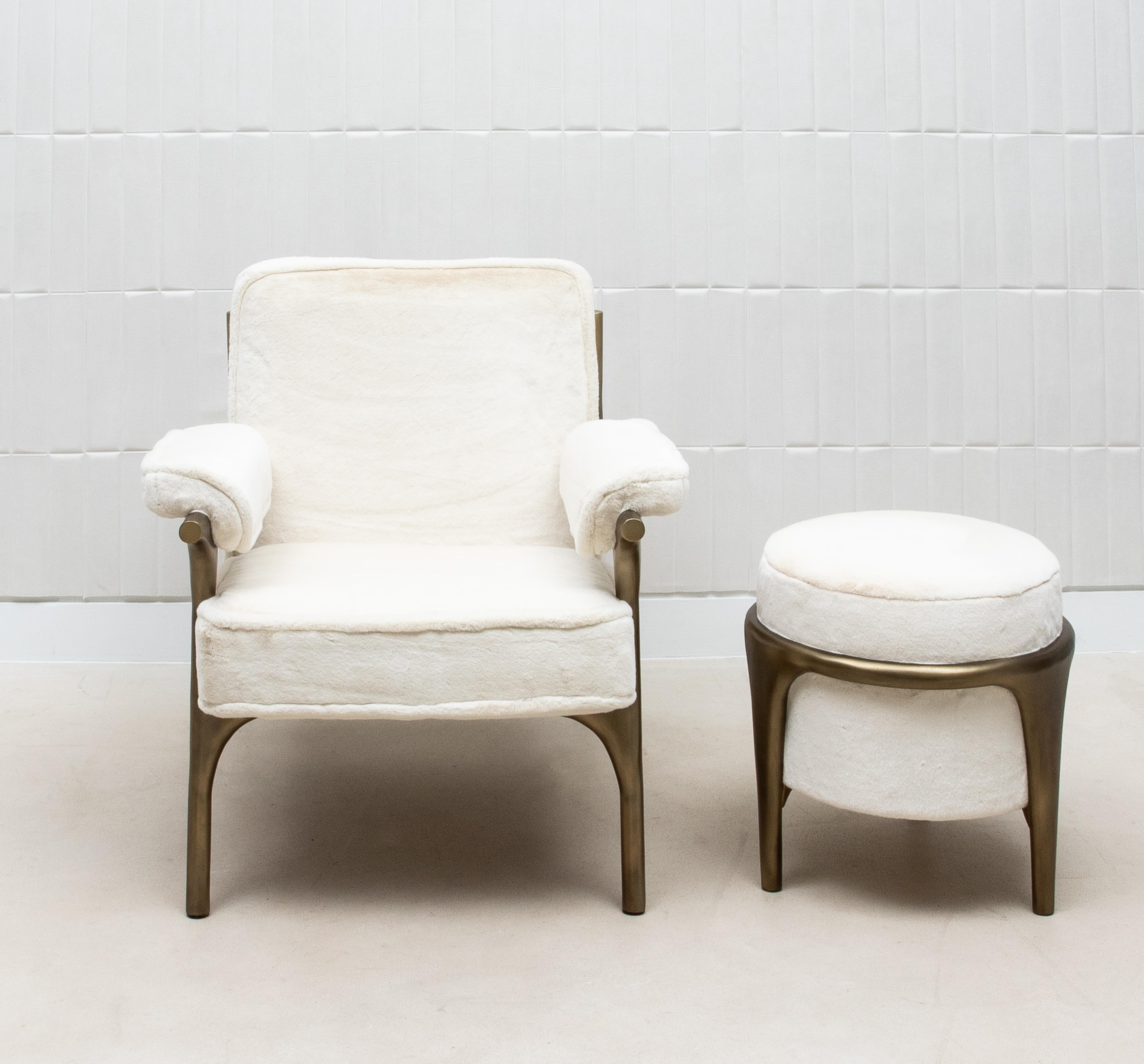 Philippine Faux Fur Armchair and Ottoman with Bronze Patina Brass Accents by R&Y Augousti For Sale