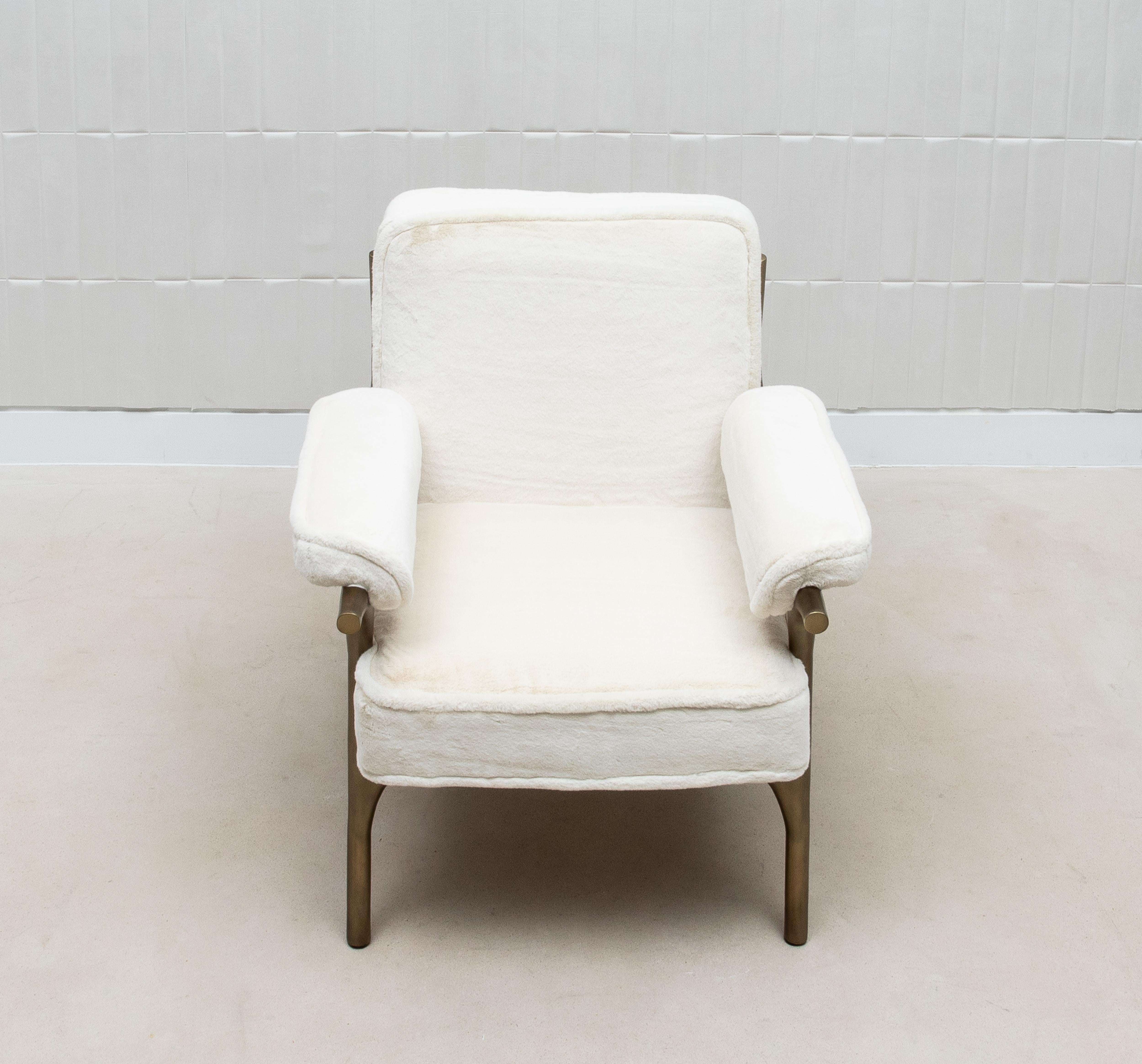 Faux Fur Armchair and Ottoman with Bronze Patina Brass Accents by R&Y Augousti In New Condition For Sale In West Hollywood, CA