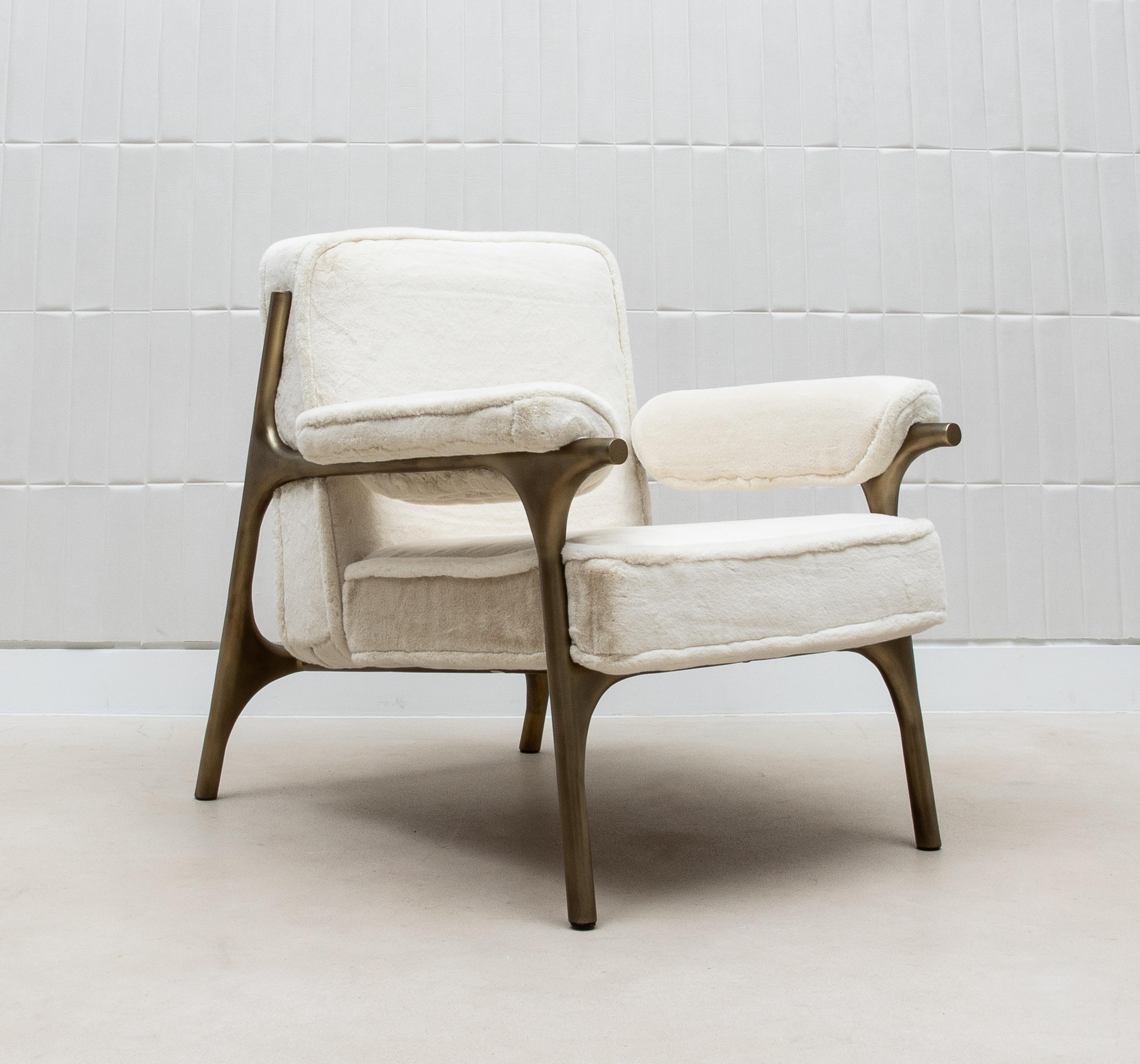Faux Fur Armchair and Ottoman with Bronze Patina Brass Accents by R&Y Augousti For Sale 2