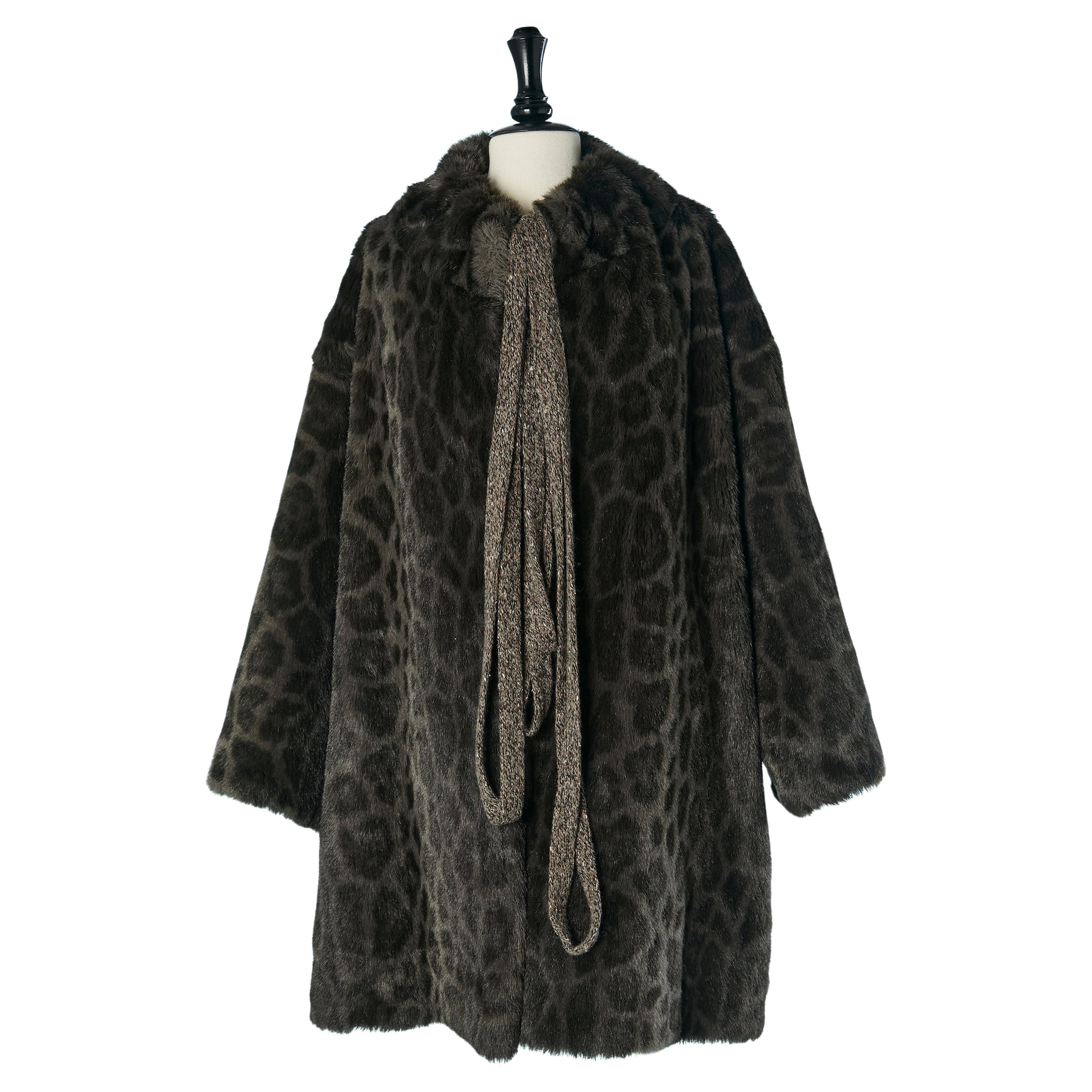 Faux fur coat with animal print and knit drawstring KRIZIA For Sale