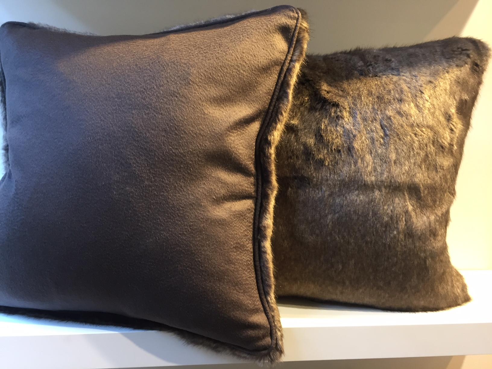 German Faux Fur Cushions Color Brown Melange with Cashmere Chocolate Brown at the Back