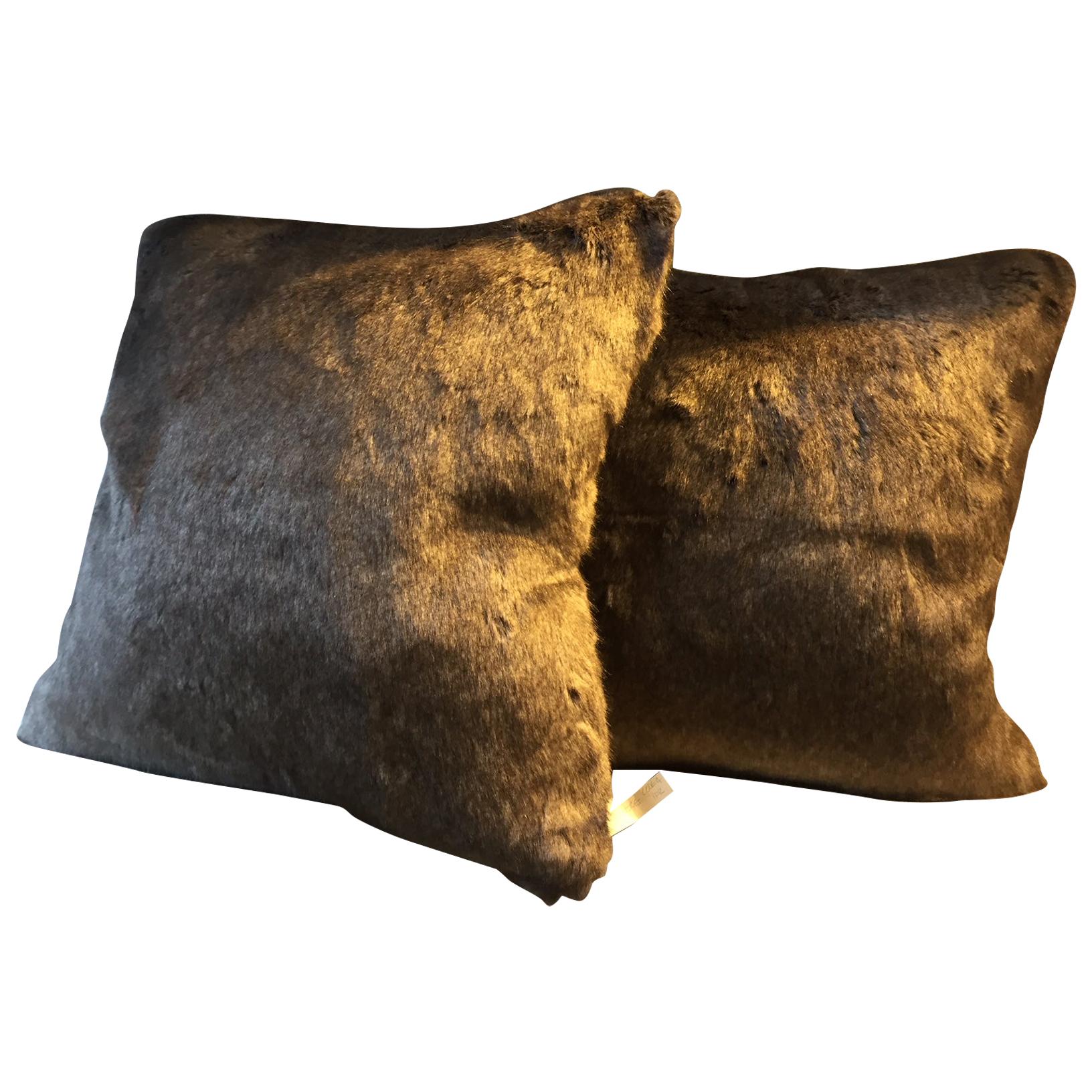 Faux Fur Cushions Color Brown Melange with Cashmere Chocolate Brown at the Back For Sale