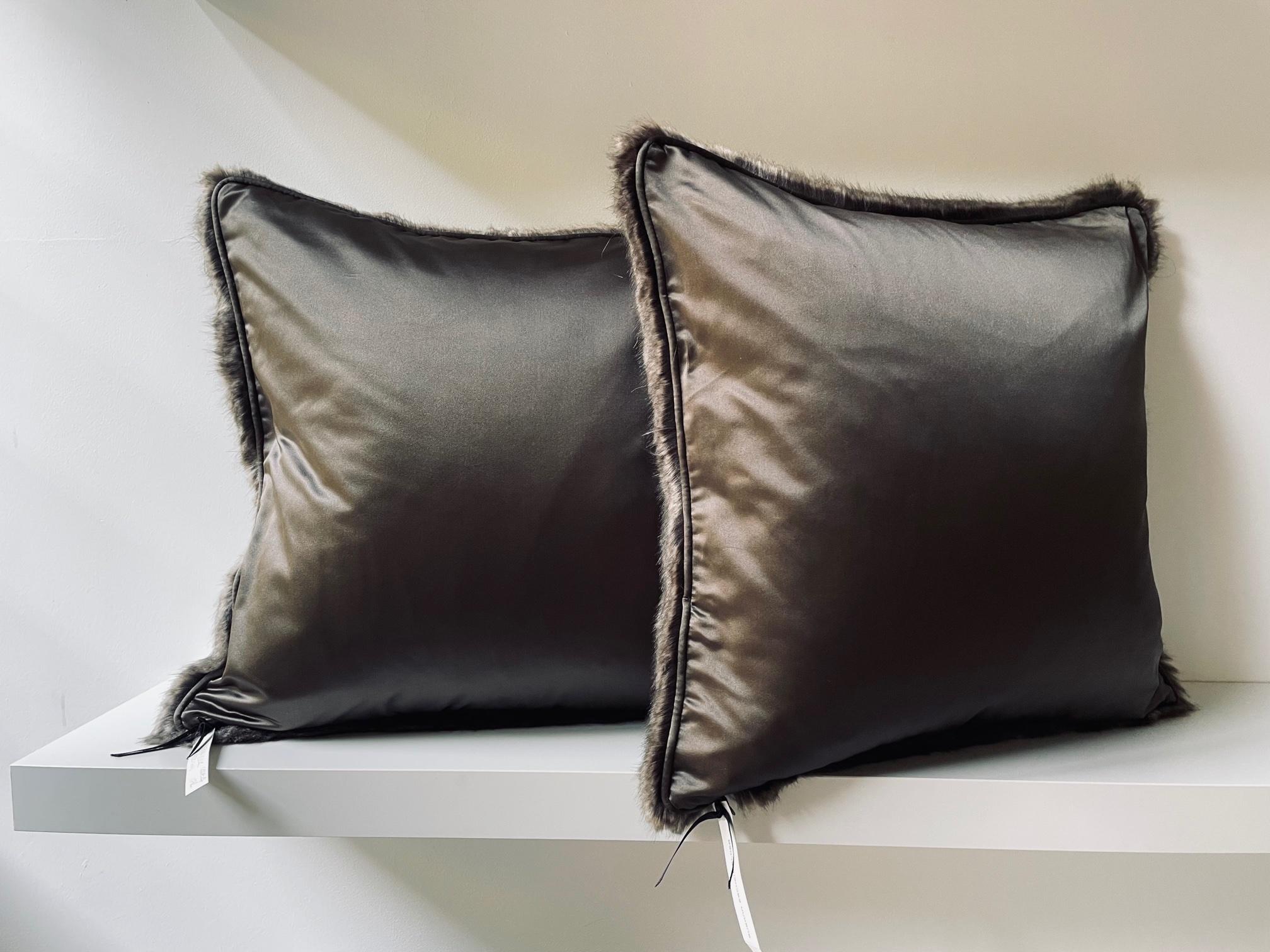 German Faux Fur Cushions Colour Brown Melange with Silk Brown at the Back For Sale