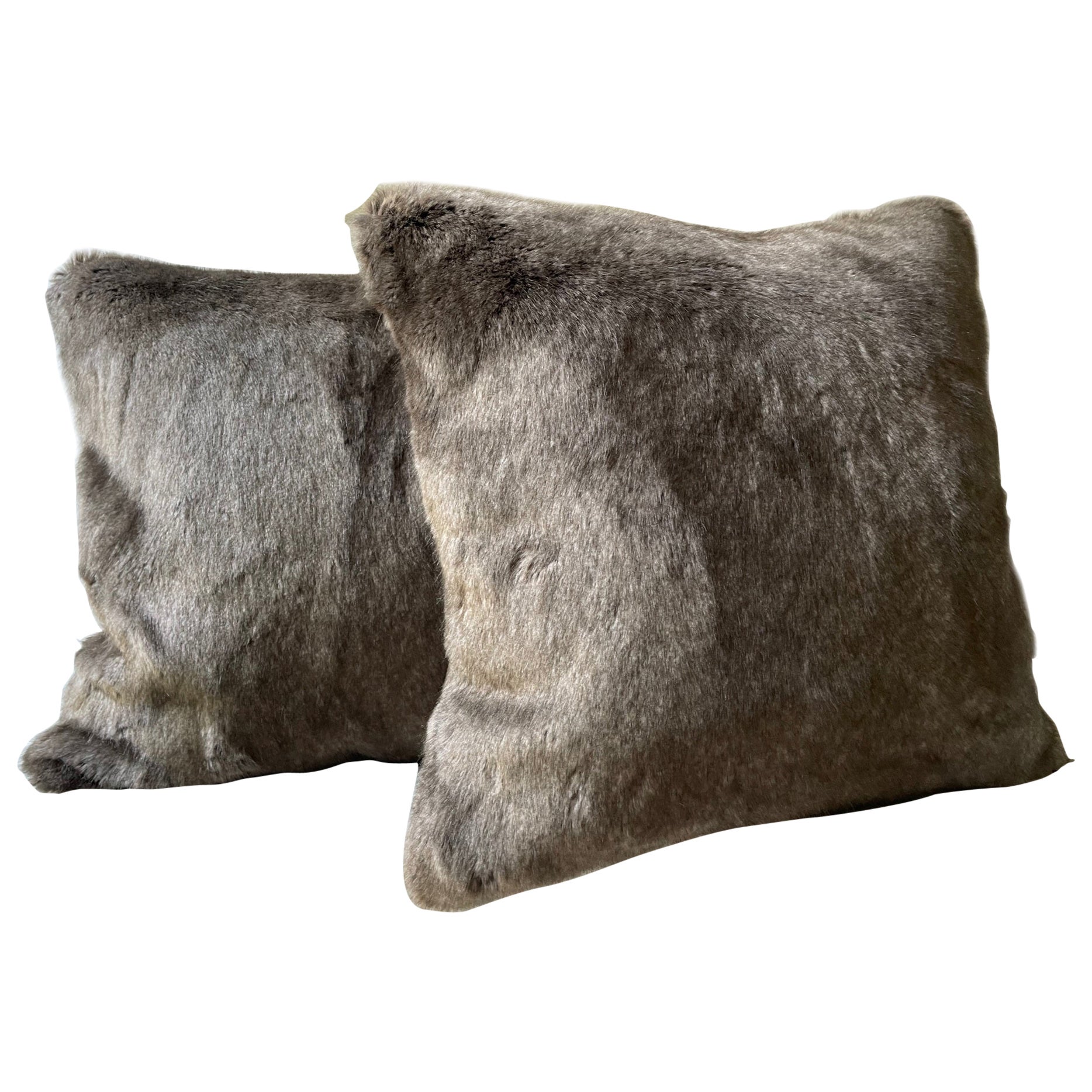 Faux Fur Cushions Colour Brown Melange with Silk Brown at the Back For Sale