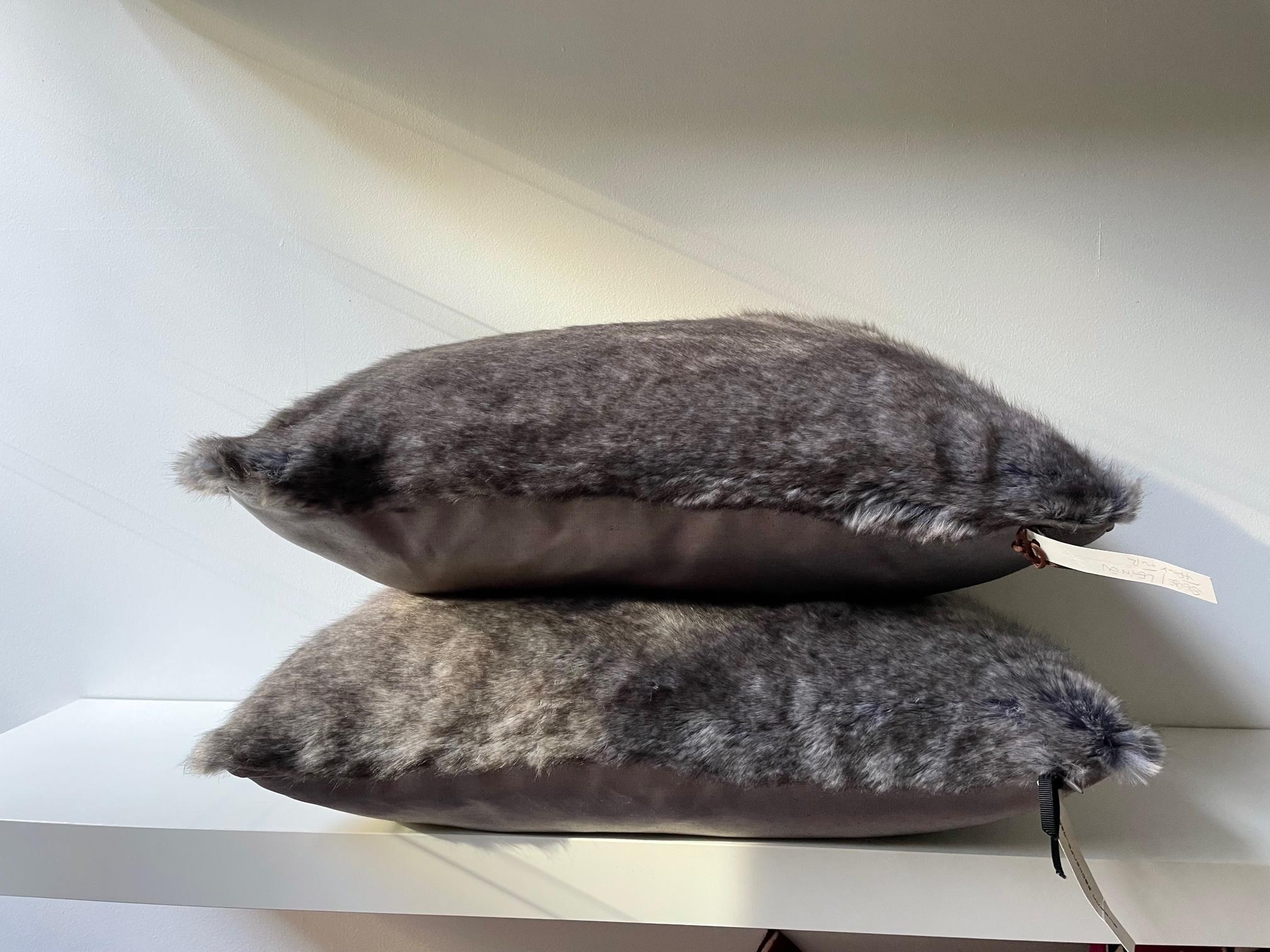 German Faux Fur Cushions Colour Grey Melange with Col. Grey at the Back Oblong Shape For Sale