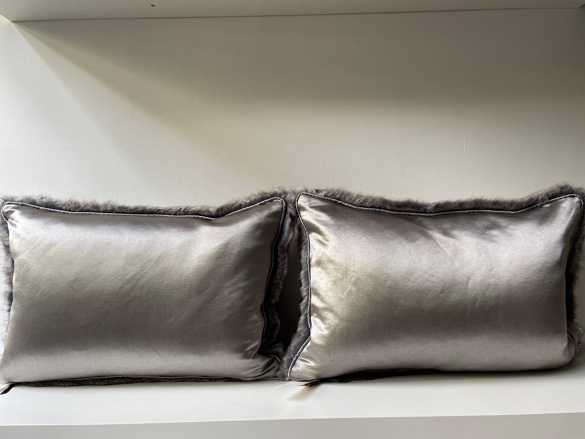 Contemporary Faux Fur Cushions Colour Grey Melange with Col. Grey at the Back Oblong Shape For Sale