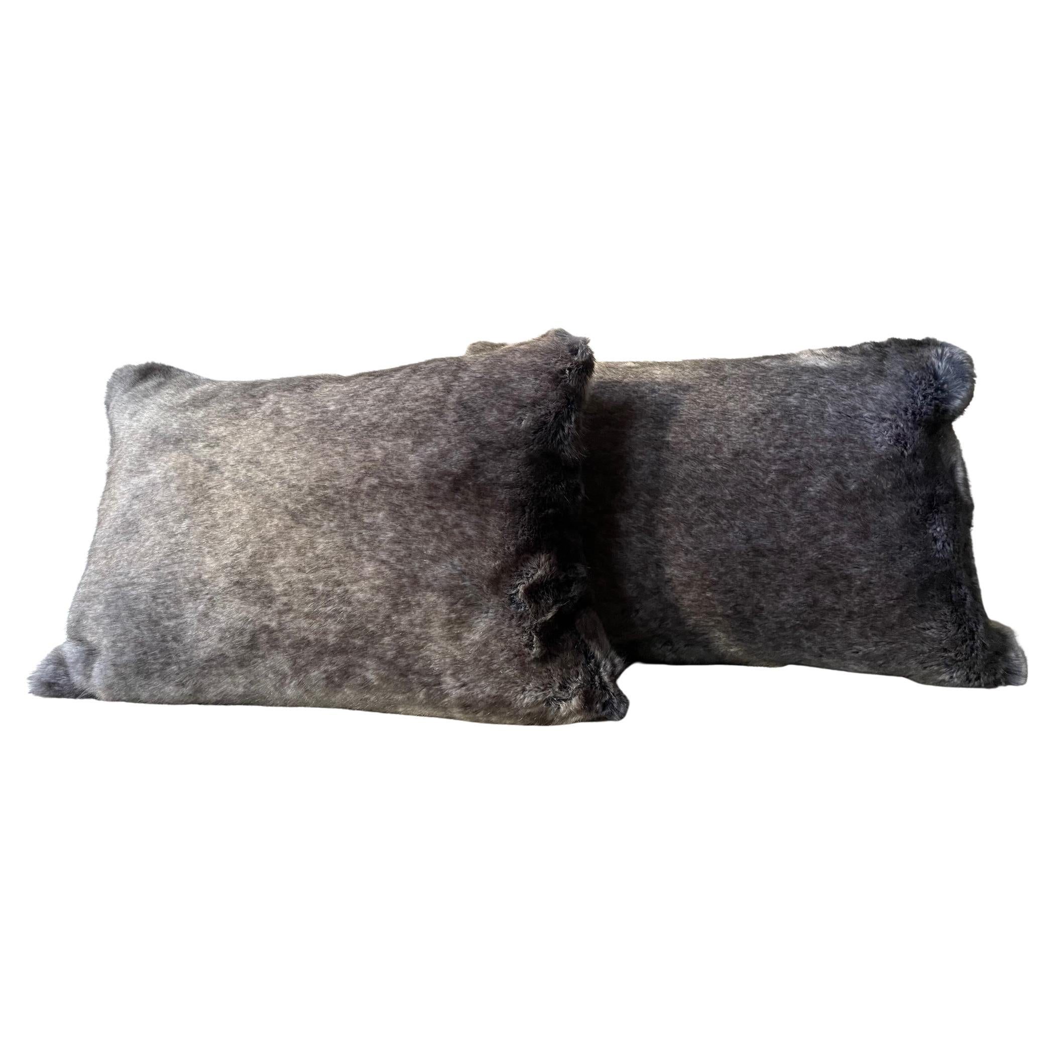 Faux Fur Cushions Colour Grey Melange with Col. Grey at the Back Oblong Shape For Sale