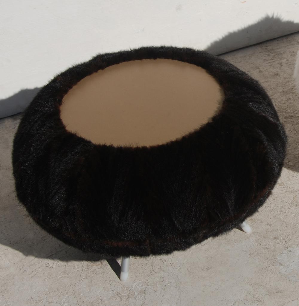Restored faux fur table stool ottoman with aluminum legs by Allermuir.
Reupholstered in a faux mink with a solid top that can serve as a table or seating.
Marked with manufacturer.

Measures: H 16 in. x W 27 in. x D 27 in.
 
