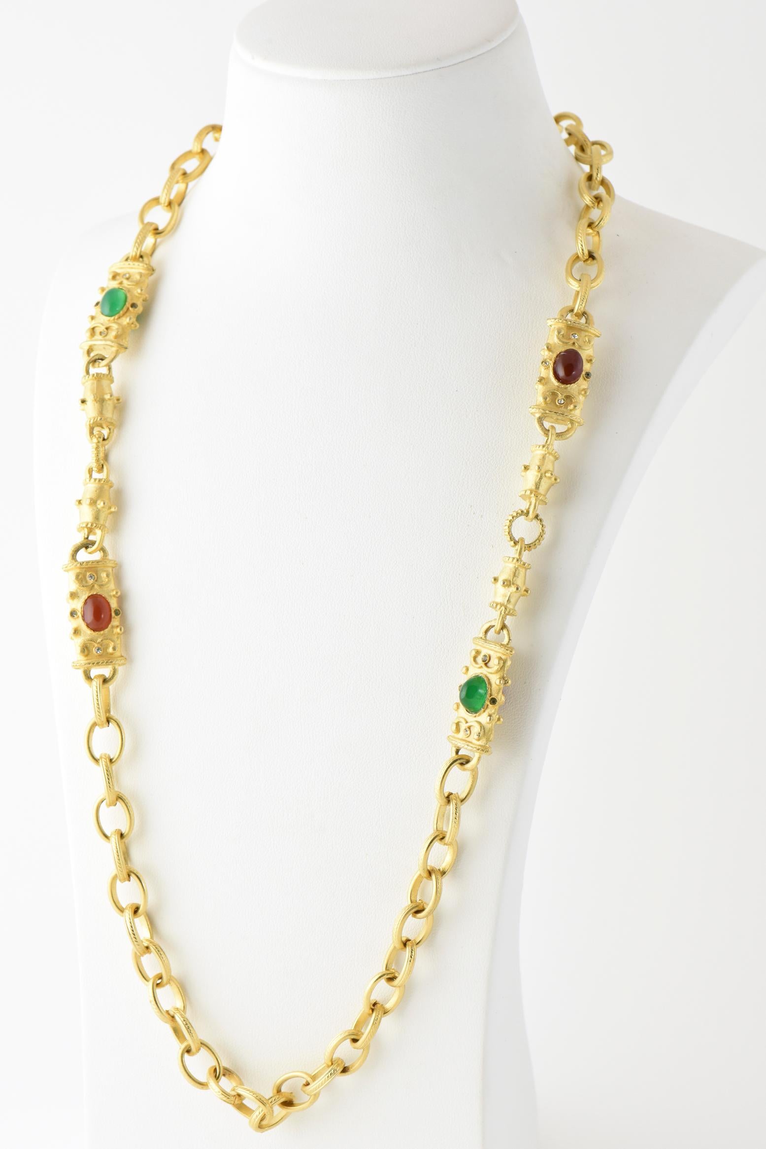 Faux Gemstone Gold-tone Earrings and Station Chain Link Necklace For Sale 2