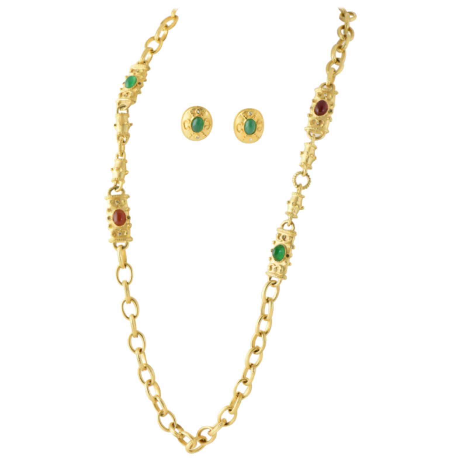 Faux Gemstone Gold-tone Earrings and Station Chain Link Necklace