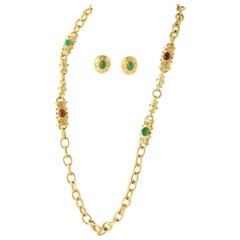 Retro Faux Gemstone Gold-tone Earrings and Station Chain Link Necklace