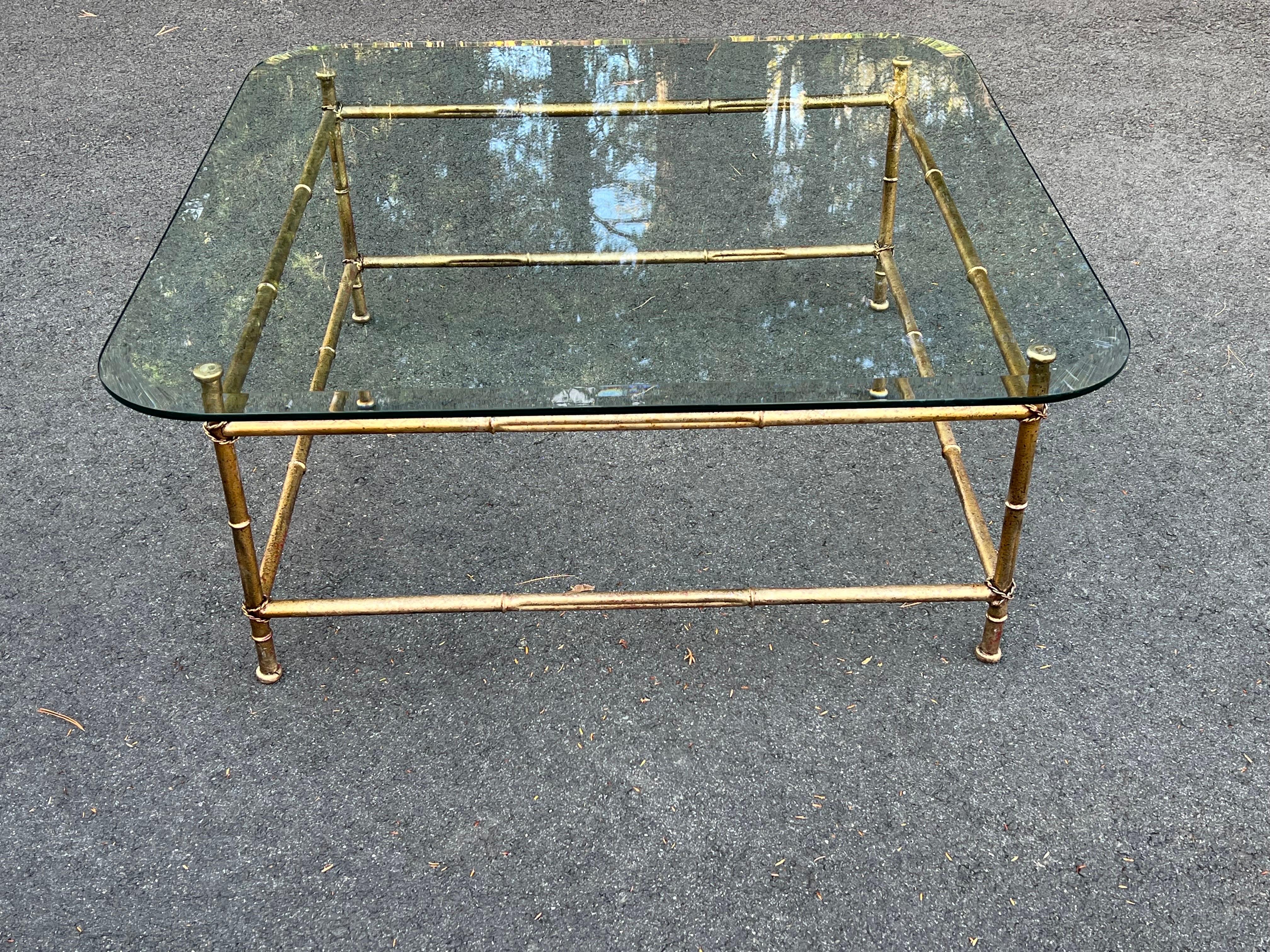Faux Bamboo Gilt Metal Coffee Table with Glass Top For Sale 9