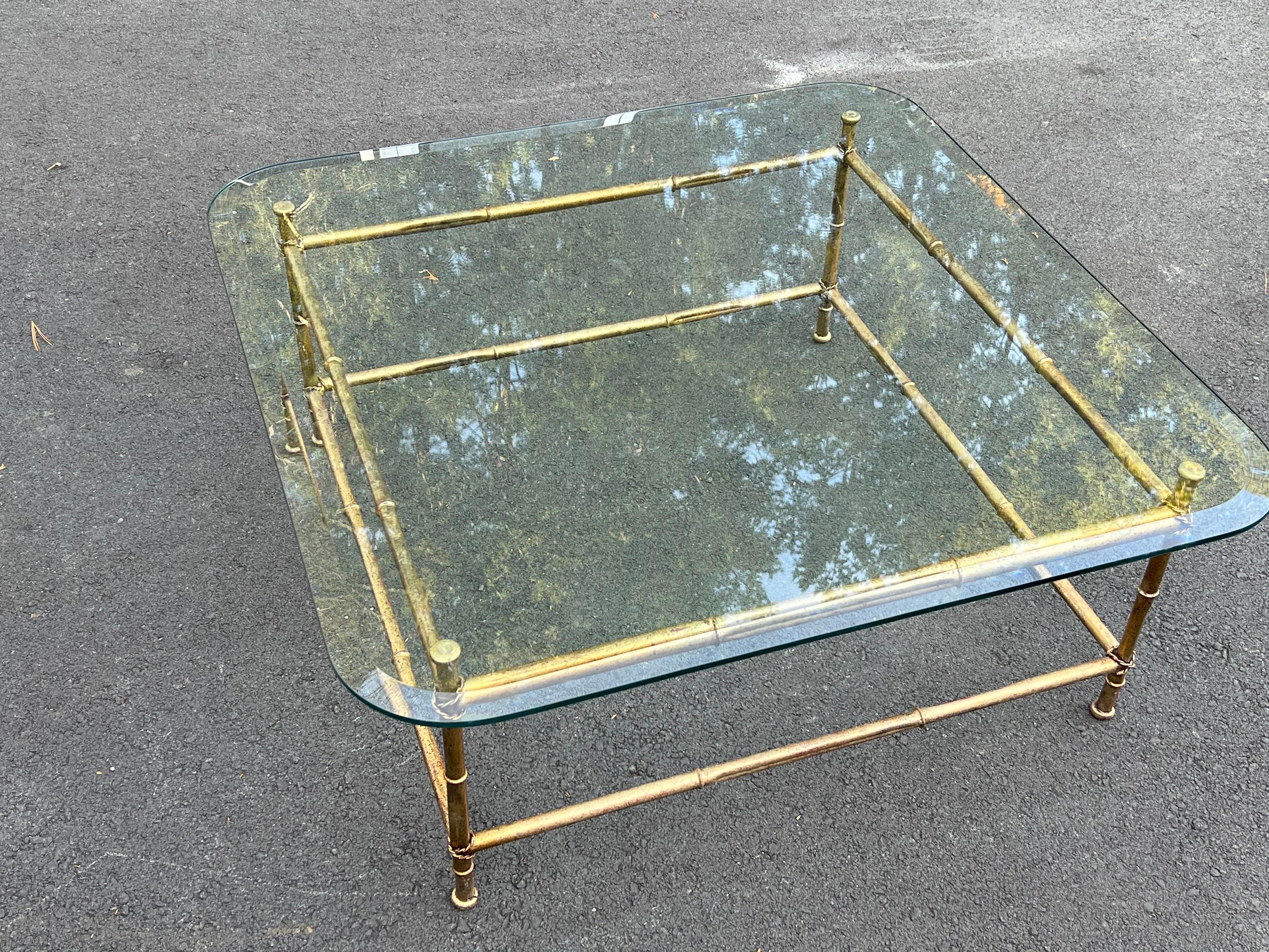 Faux Bamboo Gilt Metal Coffee Table with Glass Top For Sale 10