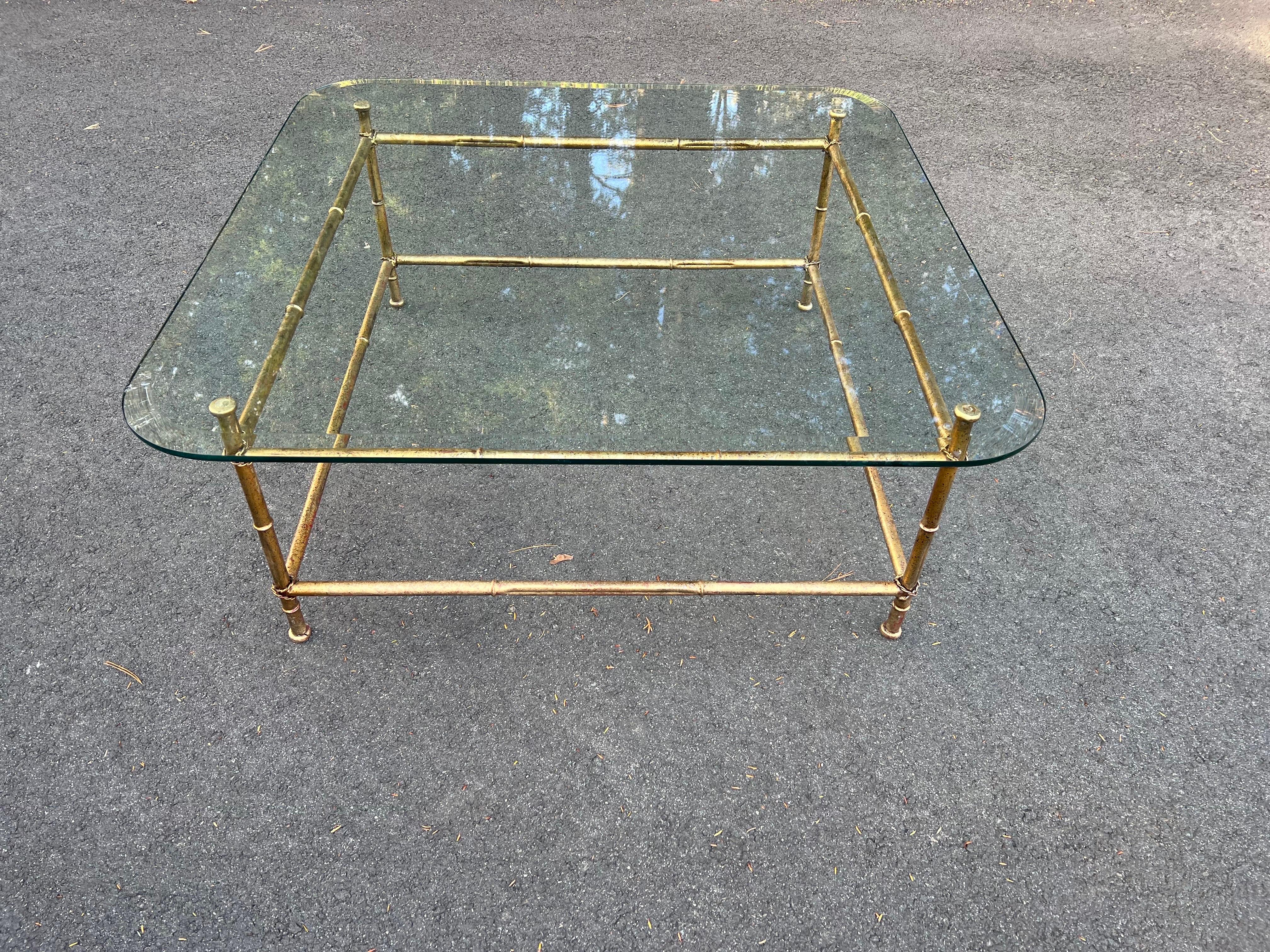 Hollywood Regency Faux Bamboo Gilt Metal Coffee Table with Glass Top For Sale