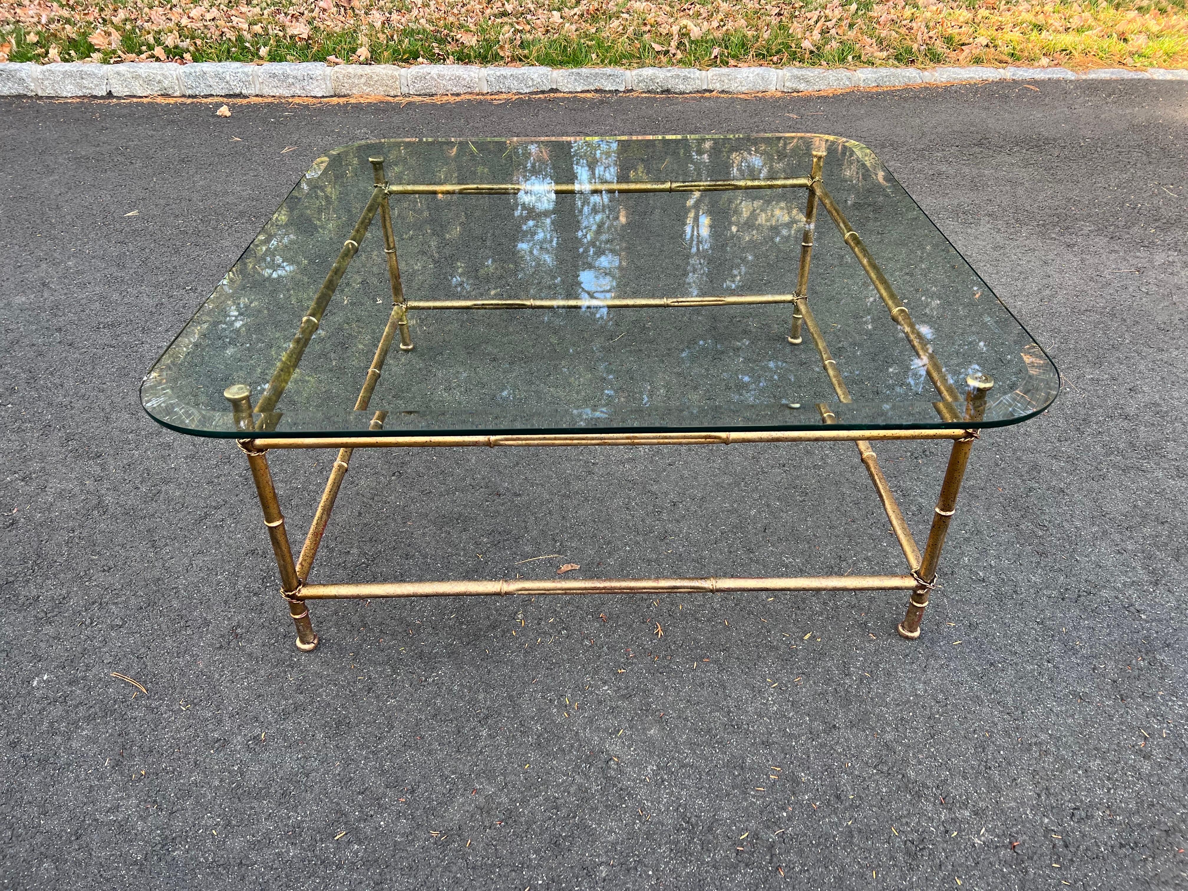 Late 20th Century Faux Bamboo Gilt Metal Coffee Table with Glass Top For Sale