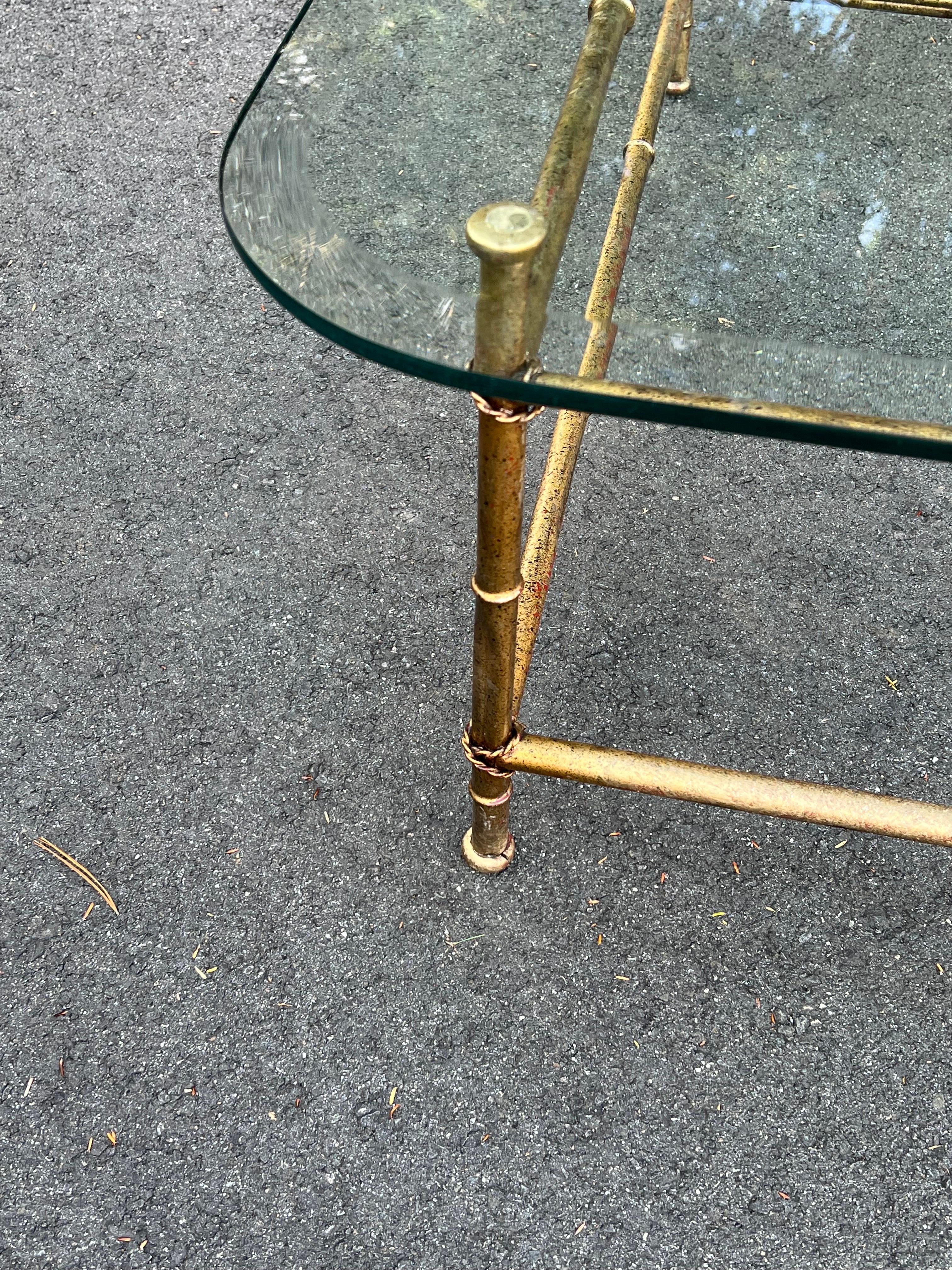 Faux Bamboo Gilt Metal Coffee Table with Glass Top For Sale 1