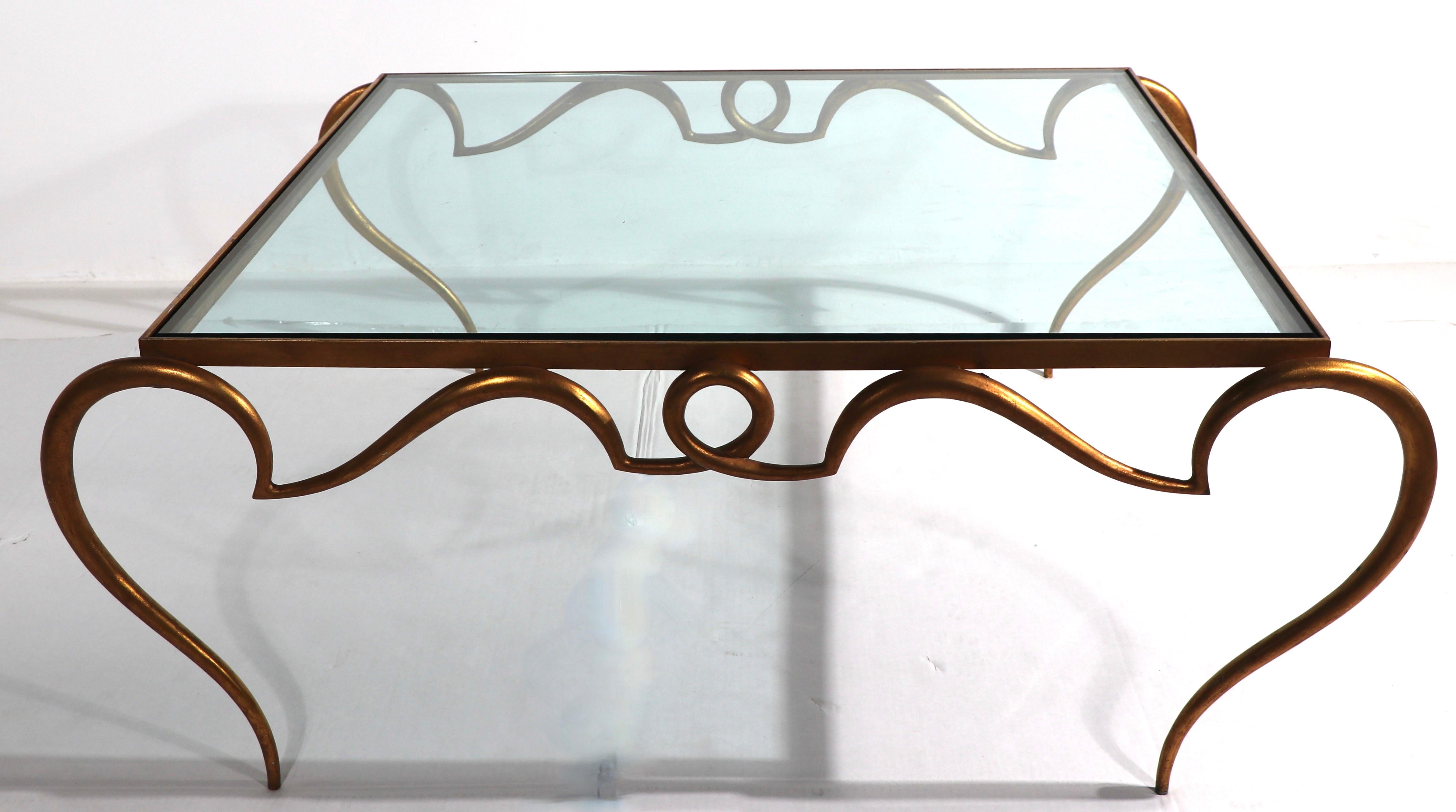 Faux Gilt Metal Scrollwork and Glass Coffee Table att. to Rene Drouet For Sale 4