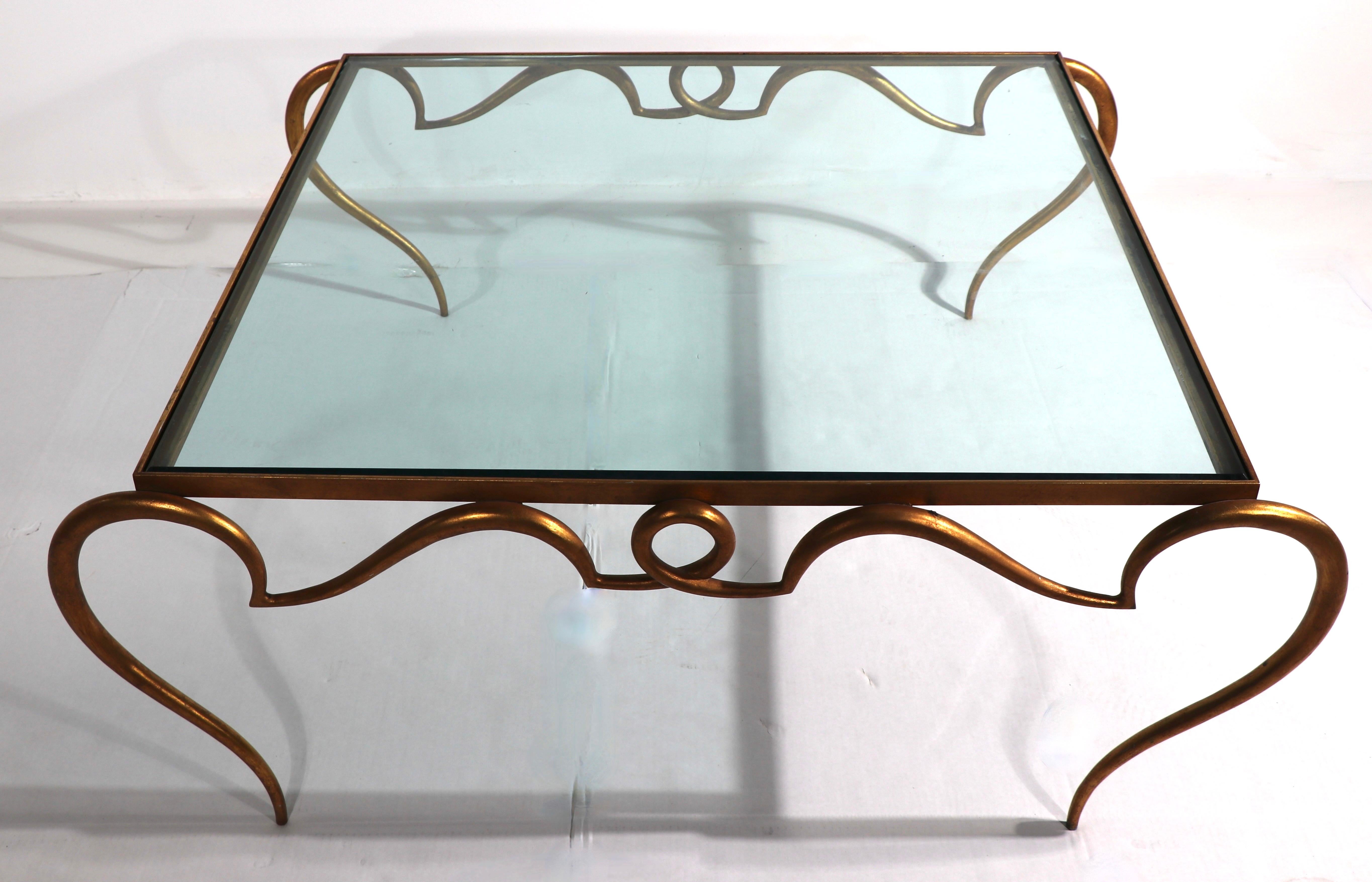 Faux Gilt Metal Scrollwork and Glass Coffee Table att. to Rene Drouet For Sale 5
