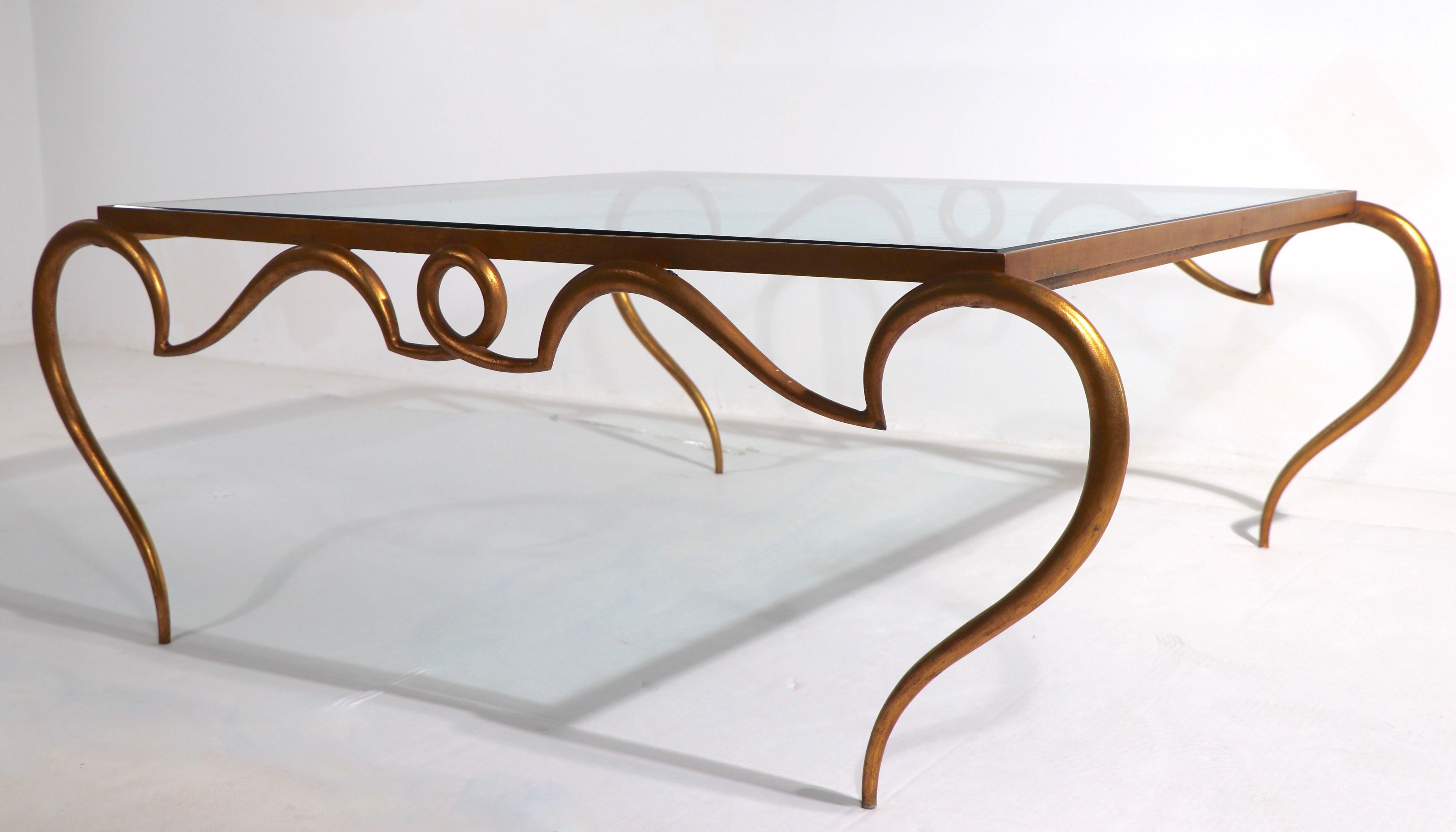 Faux Gilt Metal Scrollwork and Glass Coffee Table att. to Rene Drouet For Sale 6
