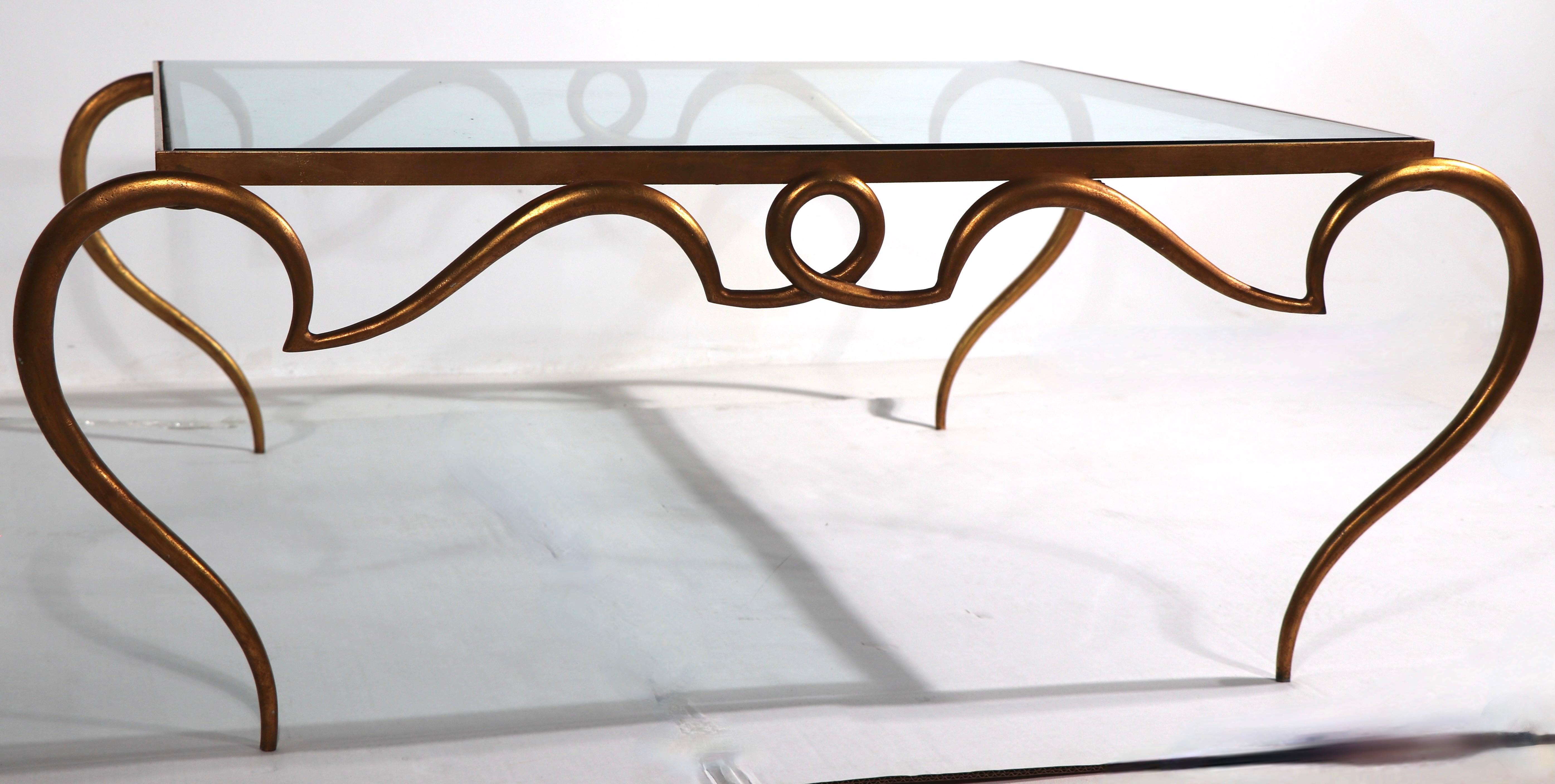 Faux Gilt Metal Scrollwork and Glass Coffee Table att. to Rene Drouet For Sale 7