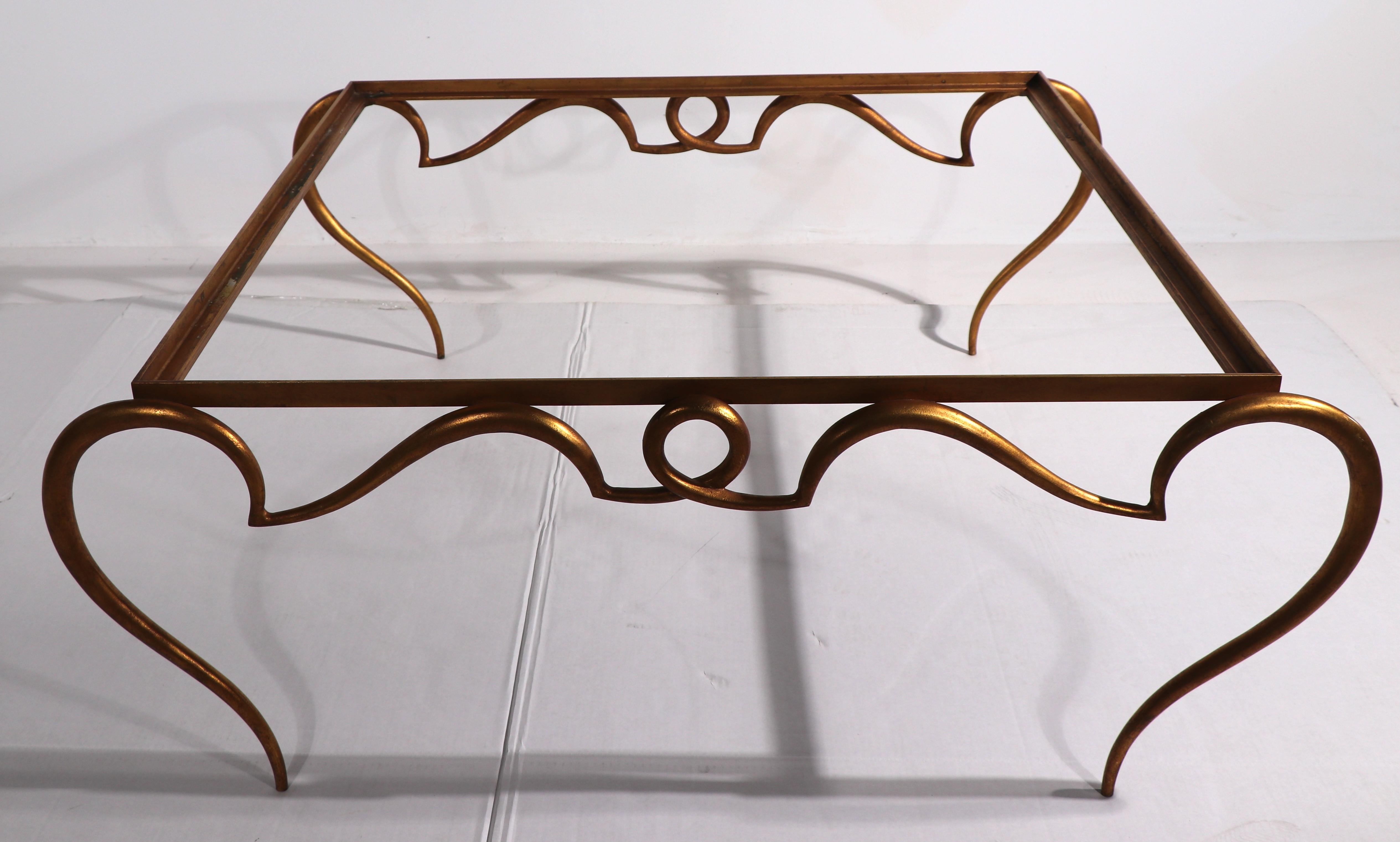 Art Deco Faux Gilt Metal Scrollwork and Glass Coffee Table att. to Rene Drouet For Sale