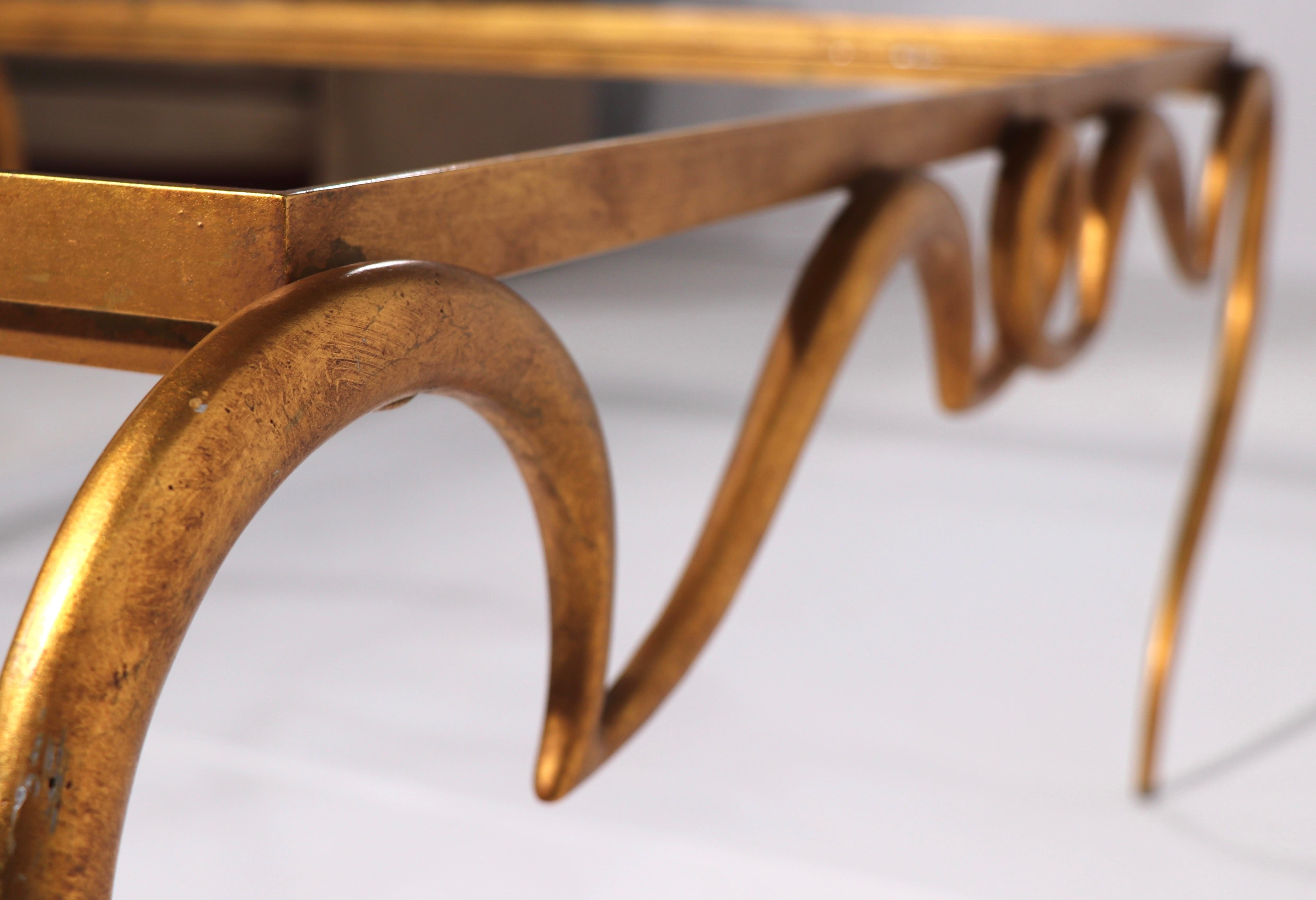Faux Gilt Metal Scrollwork and Glass Coffee Table att. to Rene Drouet For Sale 3