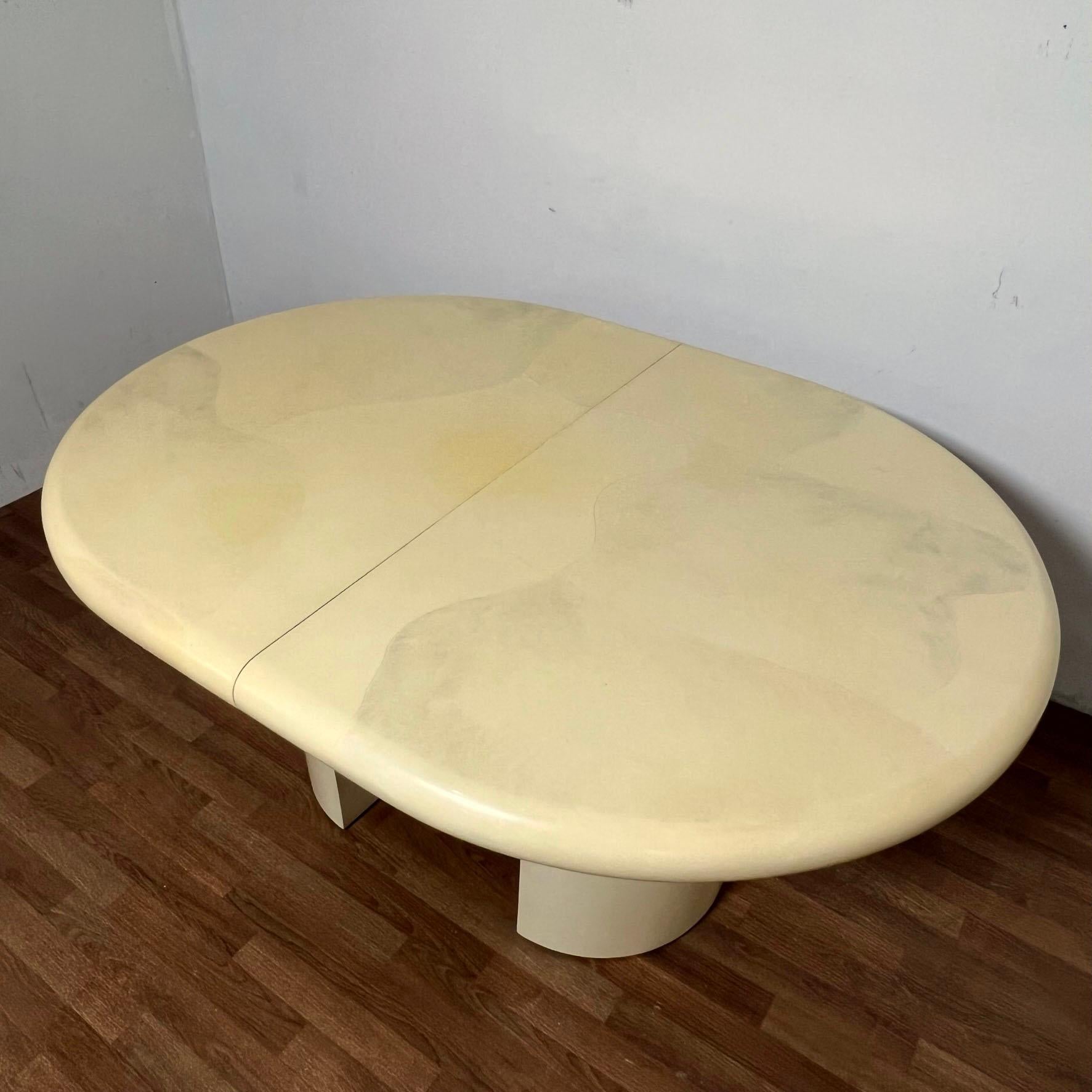 Mid-Century Modern Faux Goat Skin Lacquered Dining Table With Two Leaves, Circa 1980s For Sale