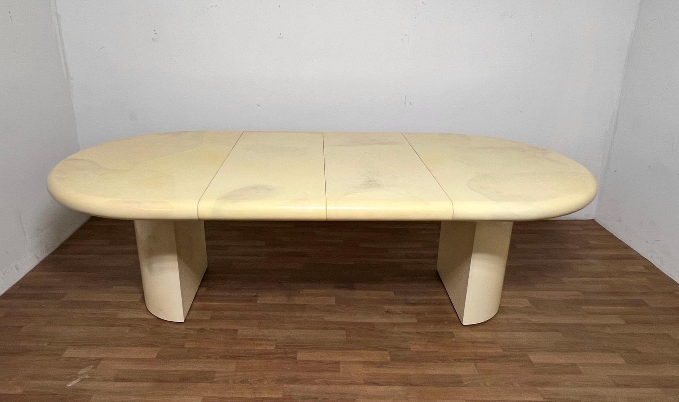 American Faux Goat Skin Lacquered Dining Table With Two Leaves, Circa 1980s For Sale