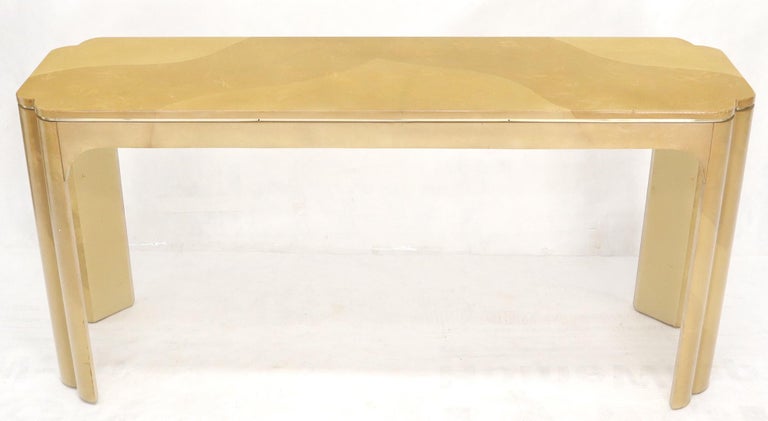 Mid-Century Modern Faux Goat Skin Tan Console Sofa Table For Sale