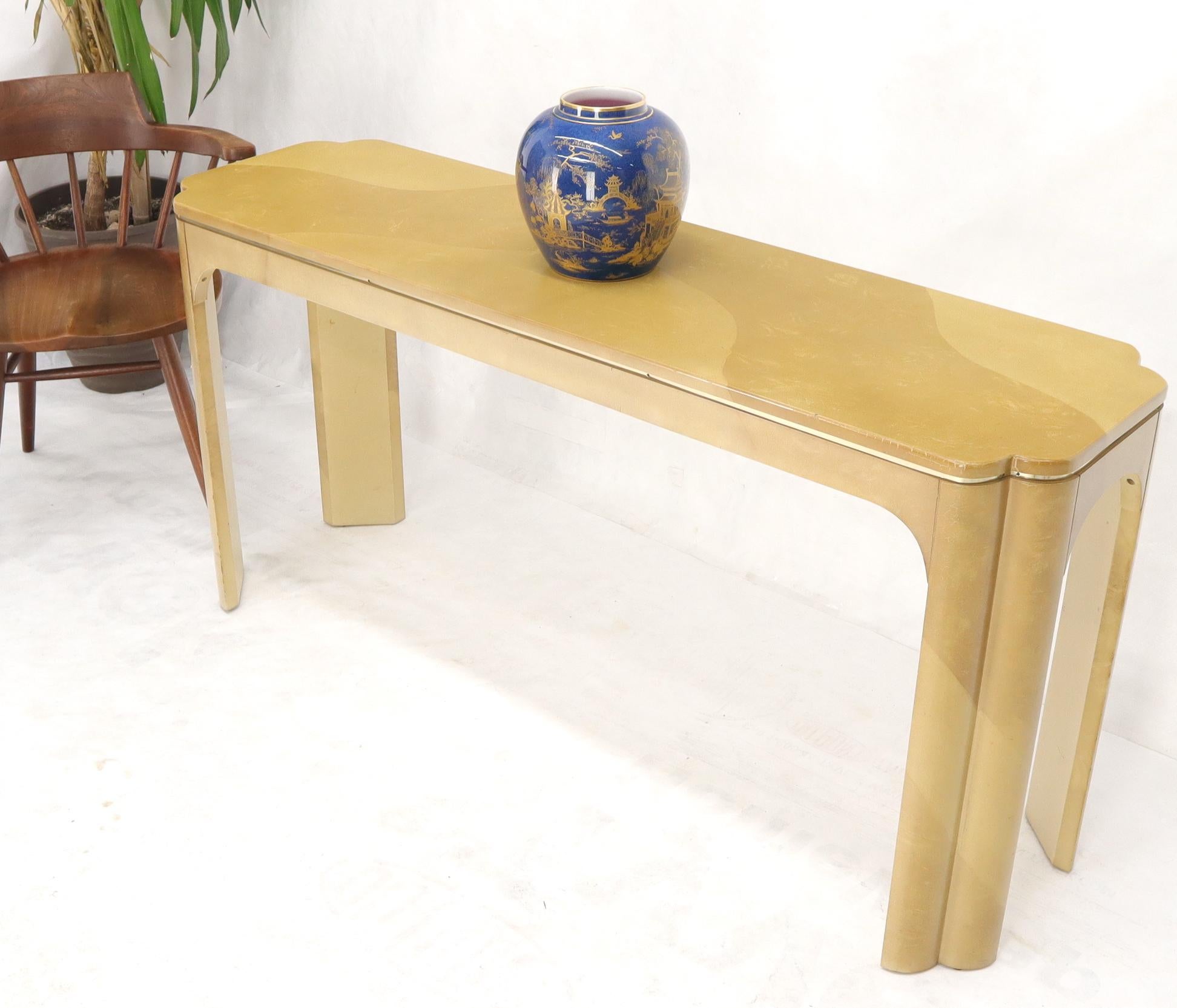 Mid-Century Modern Faux Goat Skin Tan Console Sofa Table For Sale