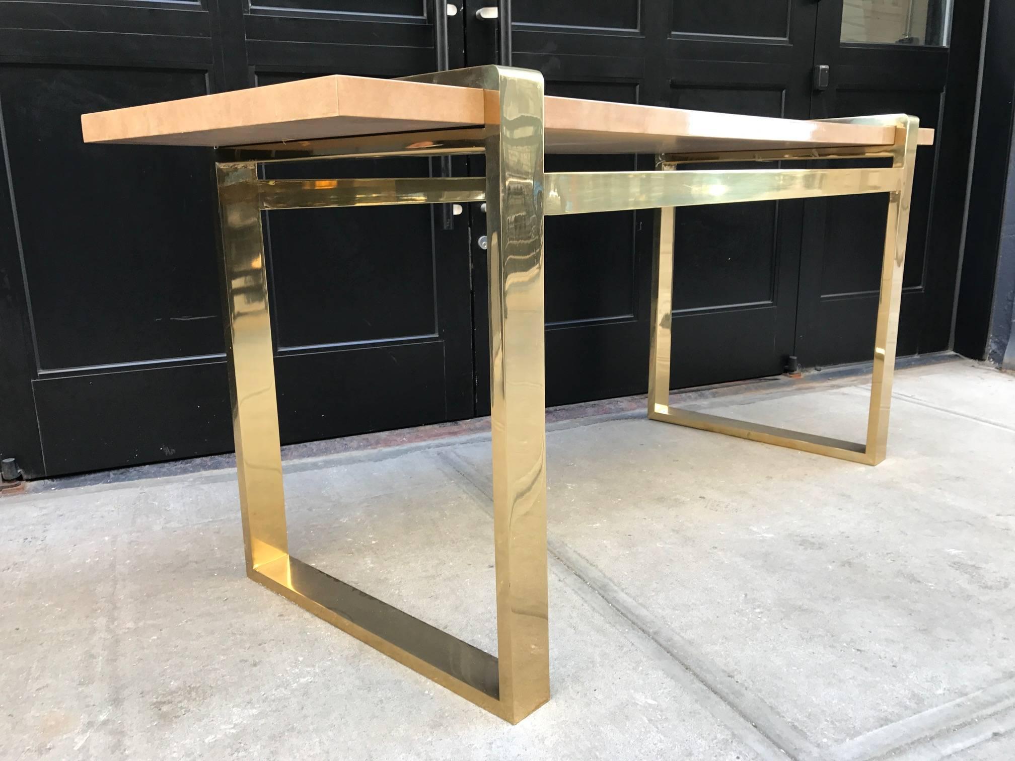 Mid-Century Modern Faux Goatskin and Brass Console For Sale