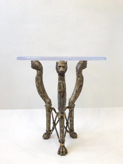 Faux Granite Lions and Brass Tripod Side Table by Maitland Smith
