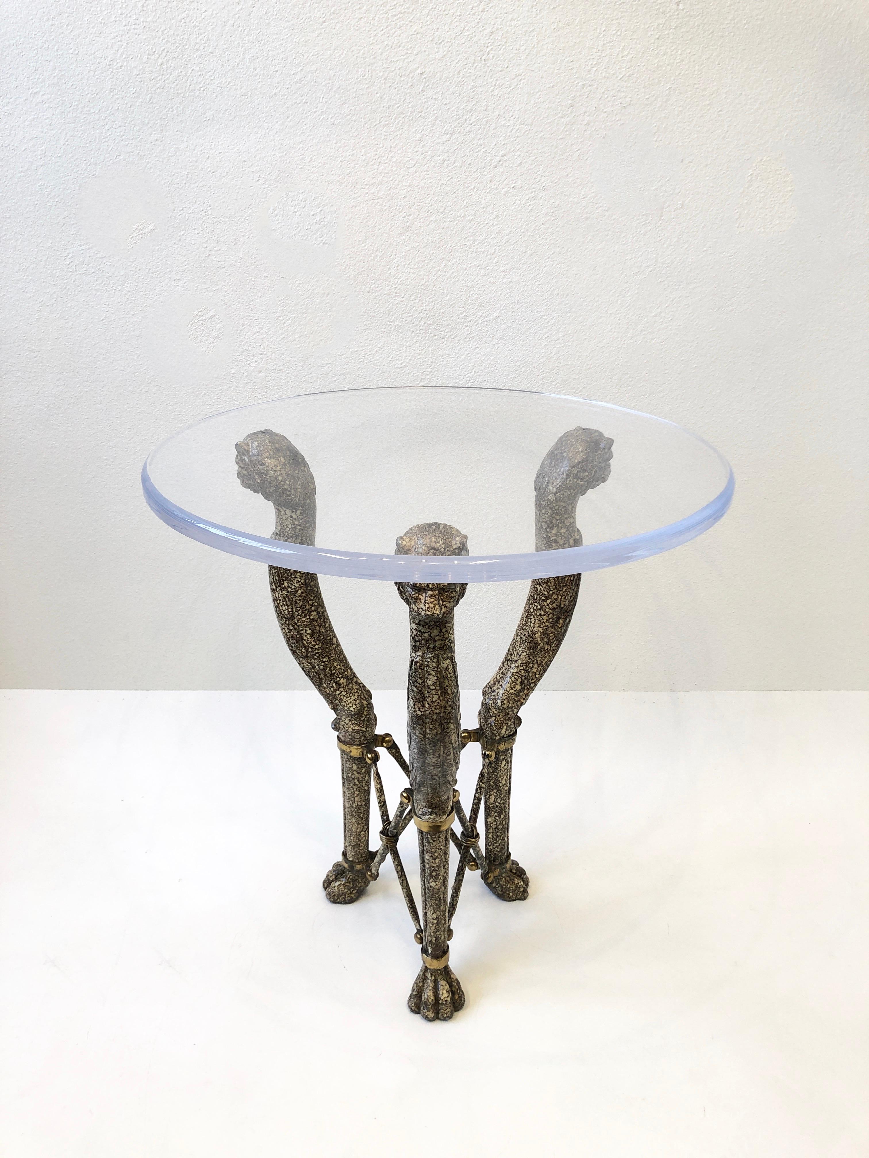 Hollywood Regency Faux Granite Lions and Brass Tripod Side Table by Maitland Smith  For Sale