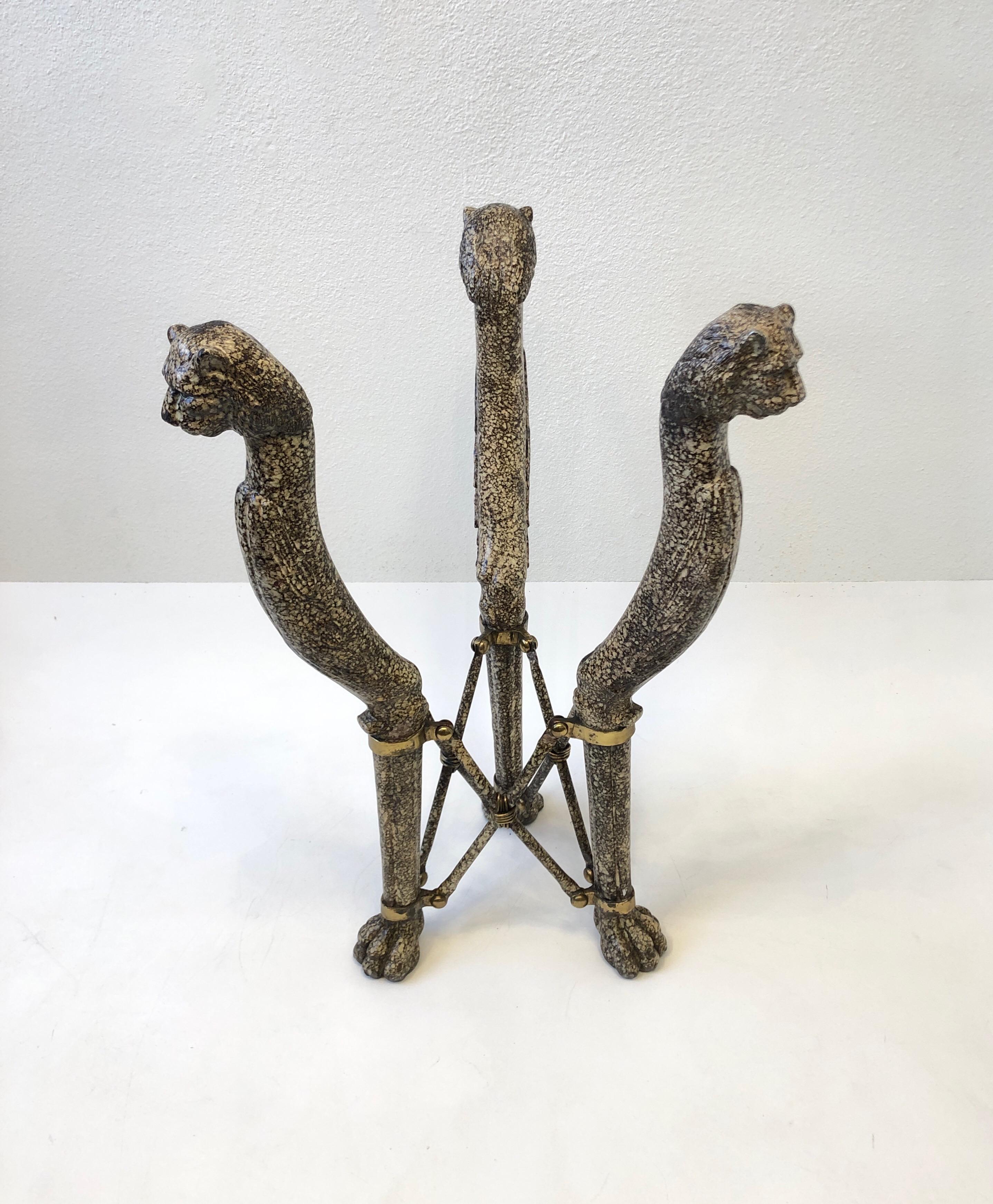 Late 20th Century Faux Granite Lions and Brass Tripod Side Table by Maitland Smith  For Sale