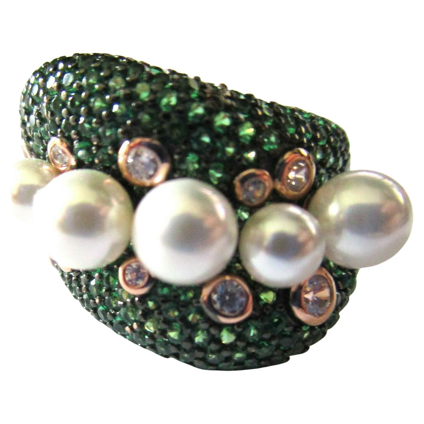 Faux Green Emerald Ice CZ and Faux Pearl Gilded Sterling Silver 925 Ring