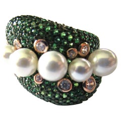 Vintage Faux Green Emerald Ice CZ and Faux Pearl Gilded Sterling Silver 925 Ring