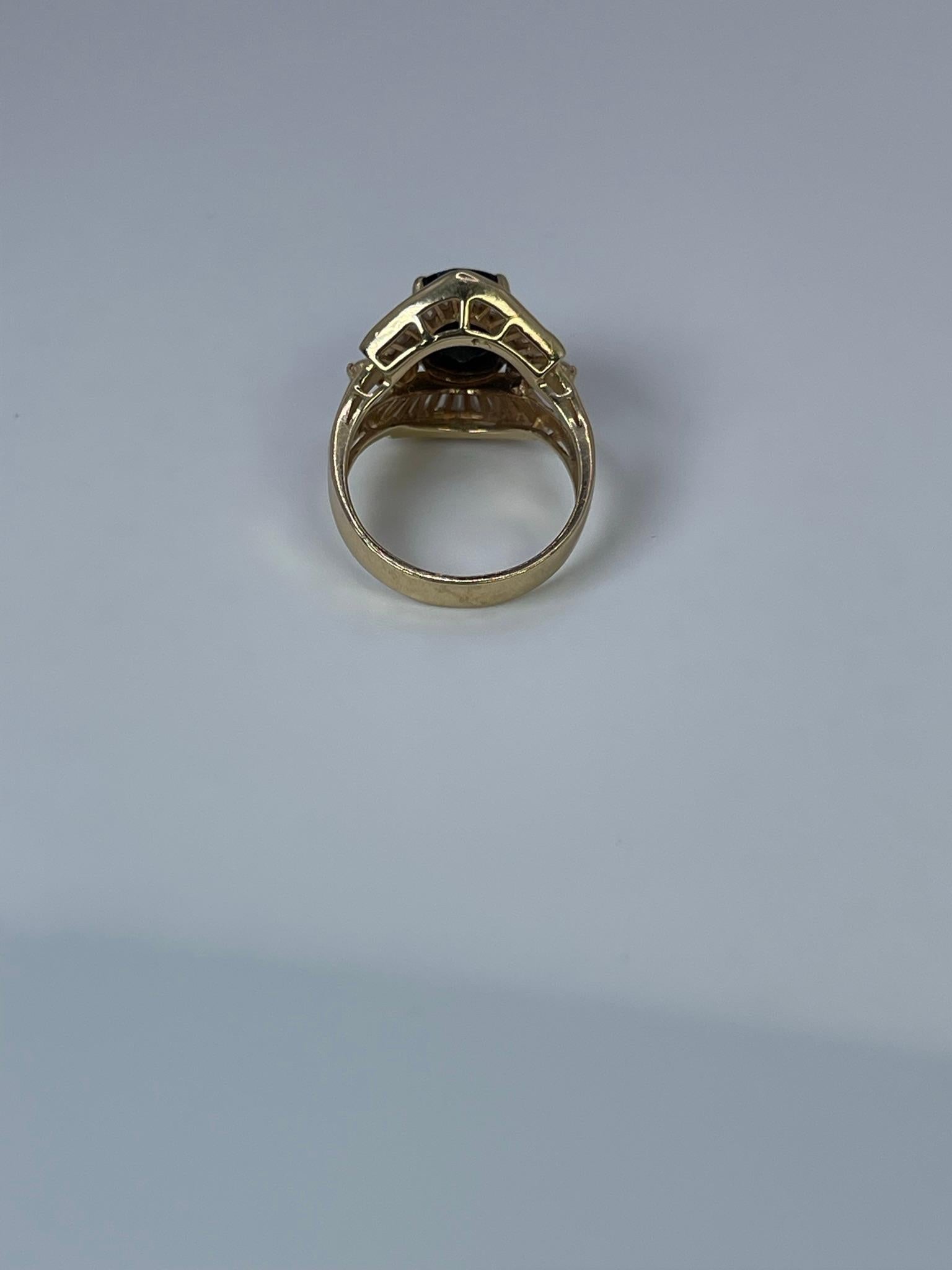 Faux Huge Sapphire Cocktail Ring 14kt Yellow Gold/Large Cocktail Ring Oval Stone In Excellent Condition For Sale In Jupiter, FL
