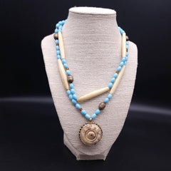 Faux Ivory & Turquoise Double Strand Bead Necklace, Silver Tone, Carved Pendant