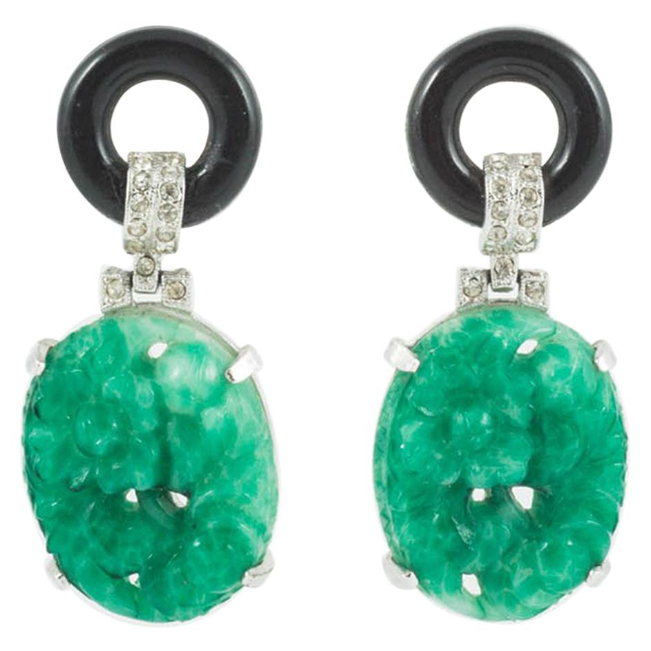 Faux jade and onyx and paste 'Cartier' style earrings, Kenneth Jay Lane, 1970s