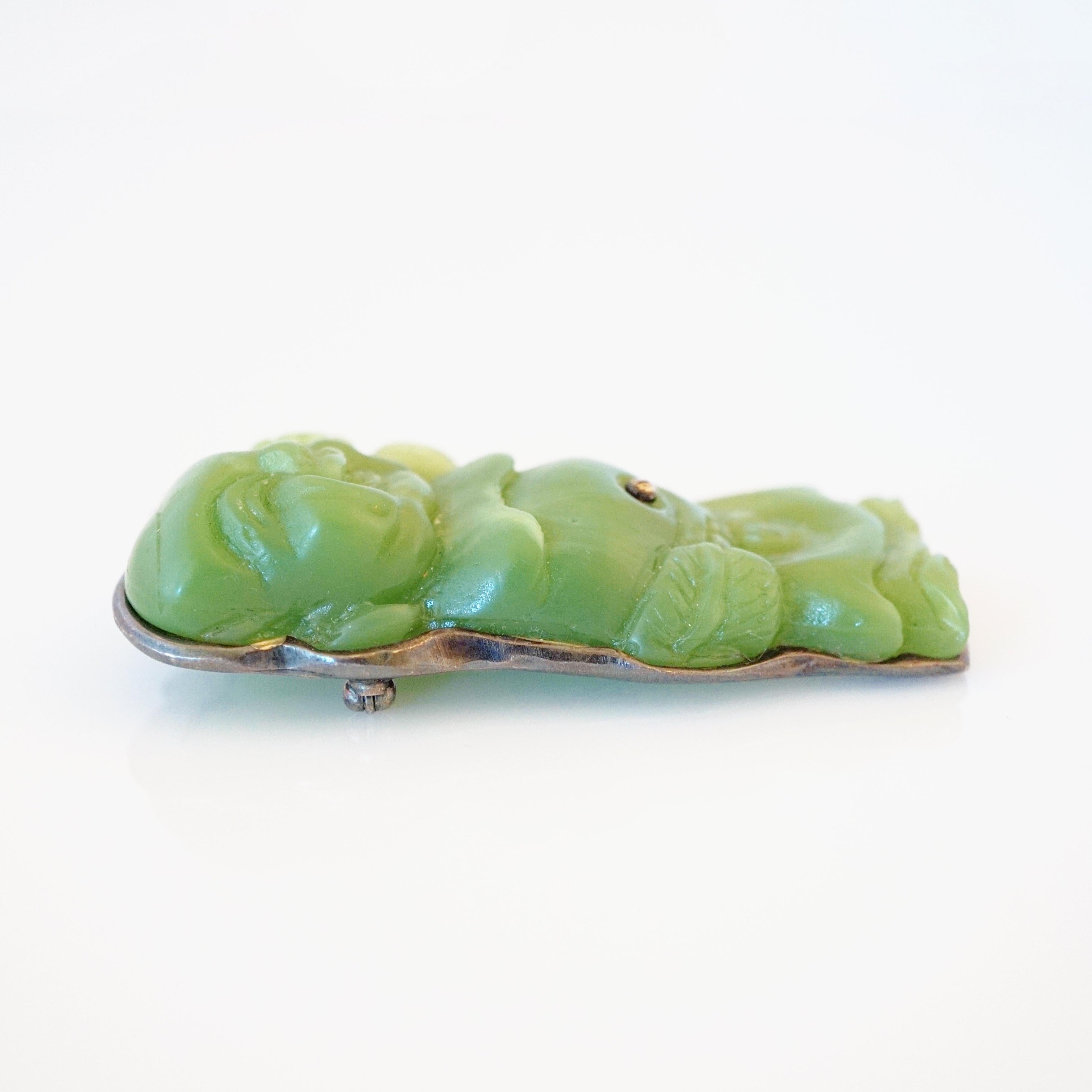 Modern Faux Jade Carved Buddha Brooch By Rena Lange, 1990s For Sale