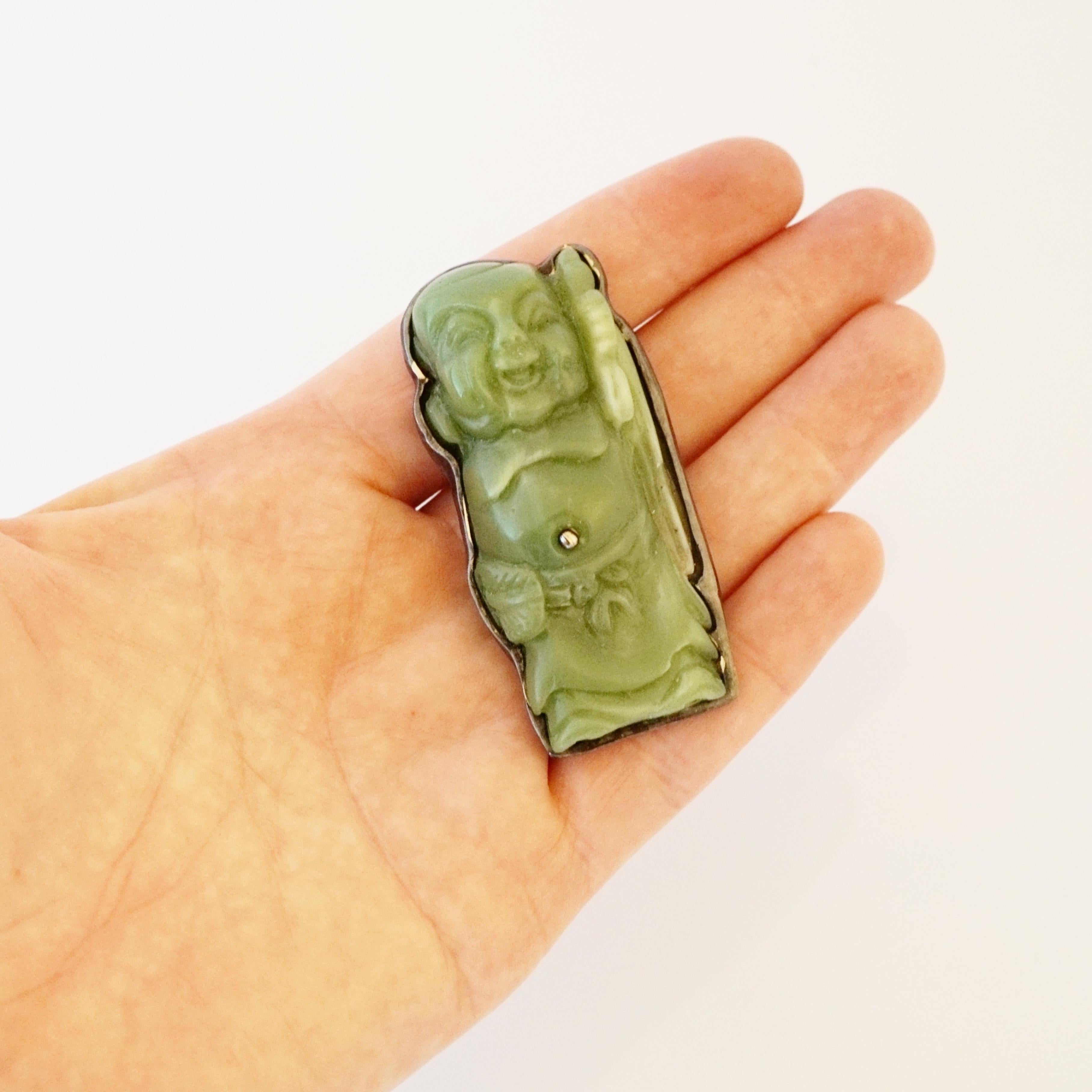 Women's Faux Jade Carved Buddha Brooch By Rena Lange, 1990s For Sale
