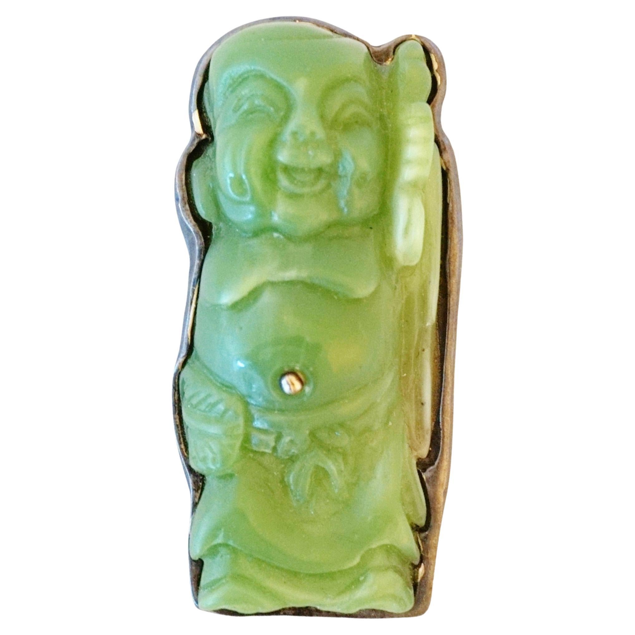 Faux Jade Carved Buddha Brooch By Rena Lange, 1990s For Sale