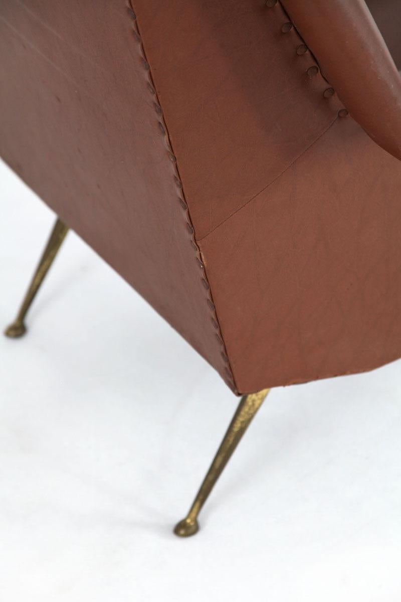 Faux Leather Armchair with Brass Legs, Italy, 1950s For Sale 10