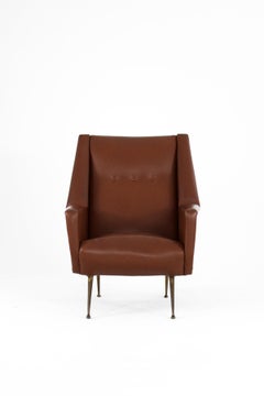 Faux Leather Armchair with Brass Legs, Italy, 1950s