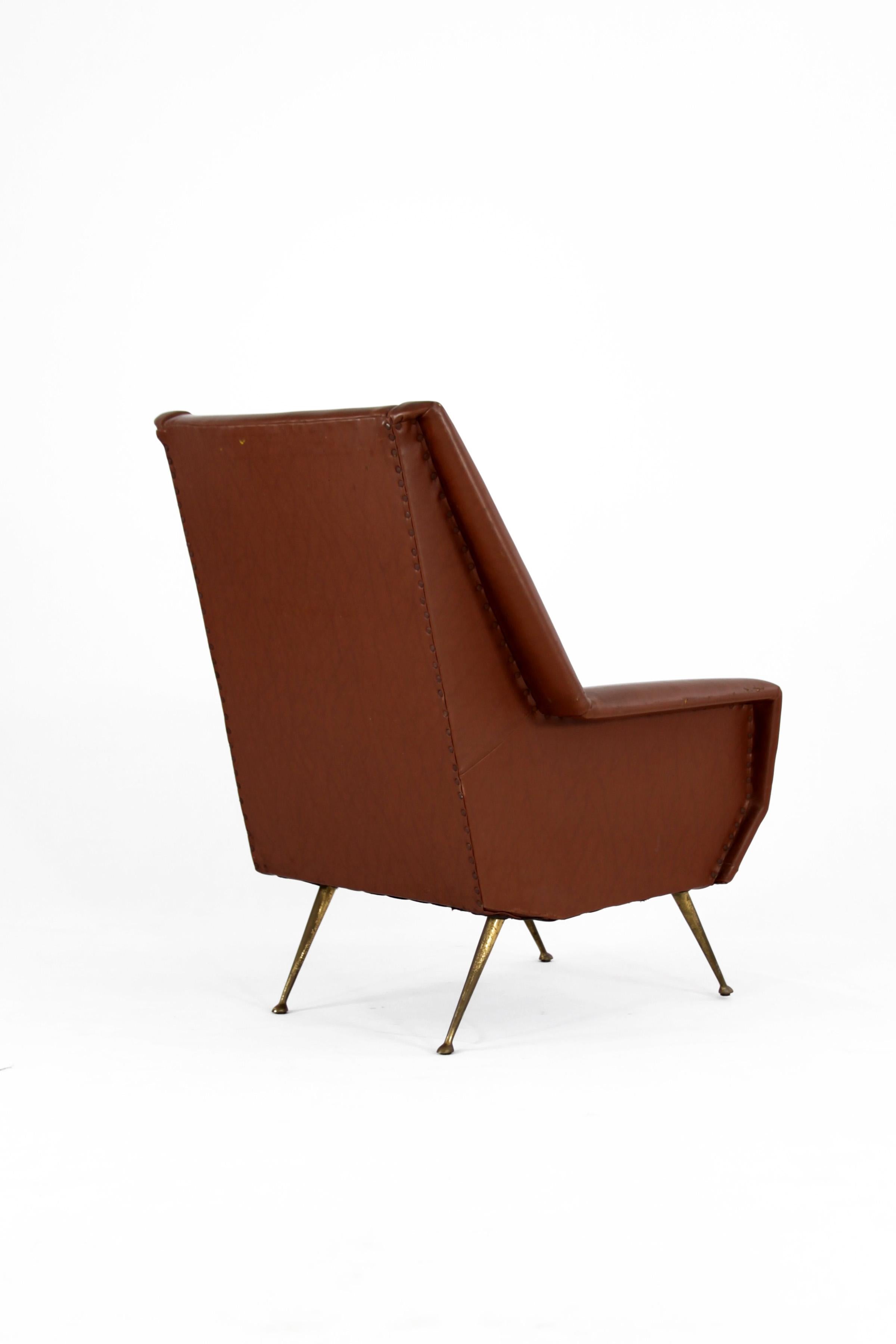 Mid-Century Modern Faux Leather Armchair with Brass Legs, Italy, 1950s For Sale