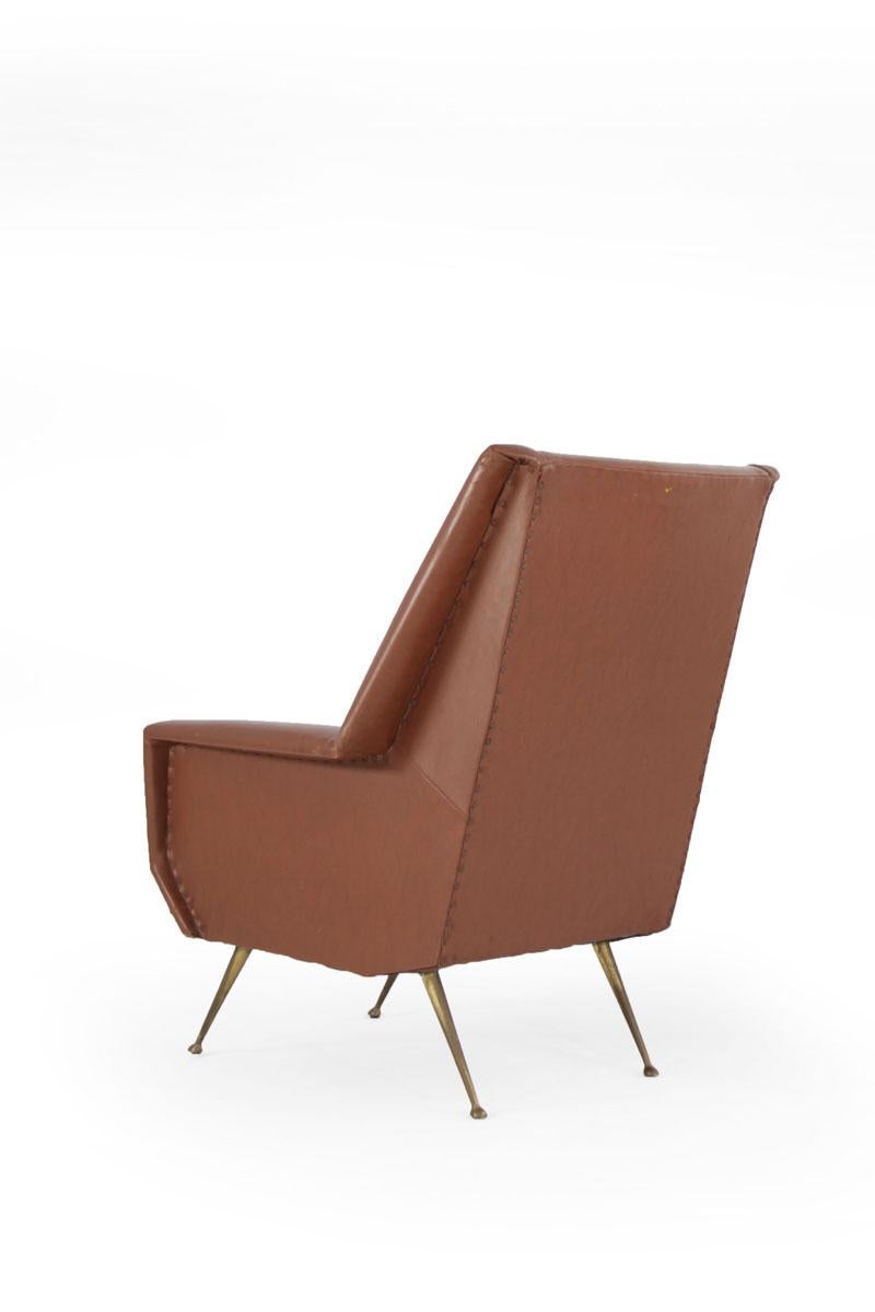 Mid-20th Century Faux Leather Armchair with Brass Legs, Italy, 1950s For Sale