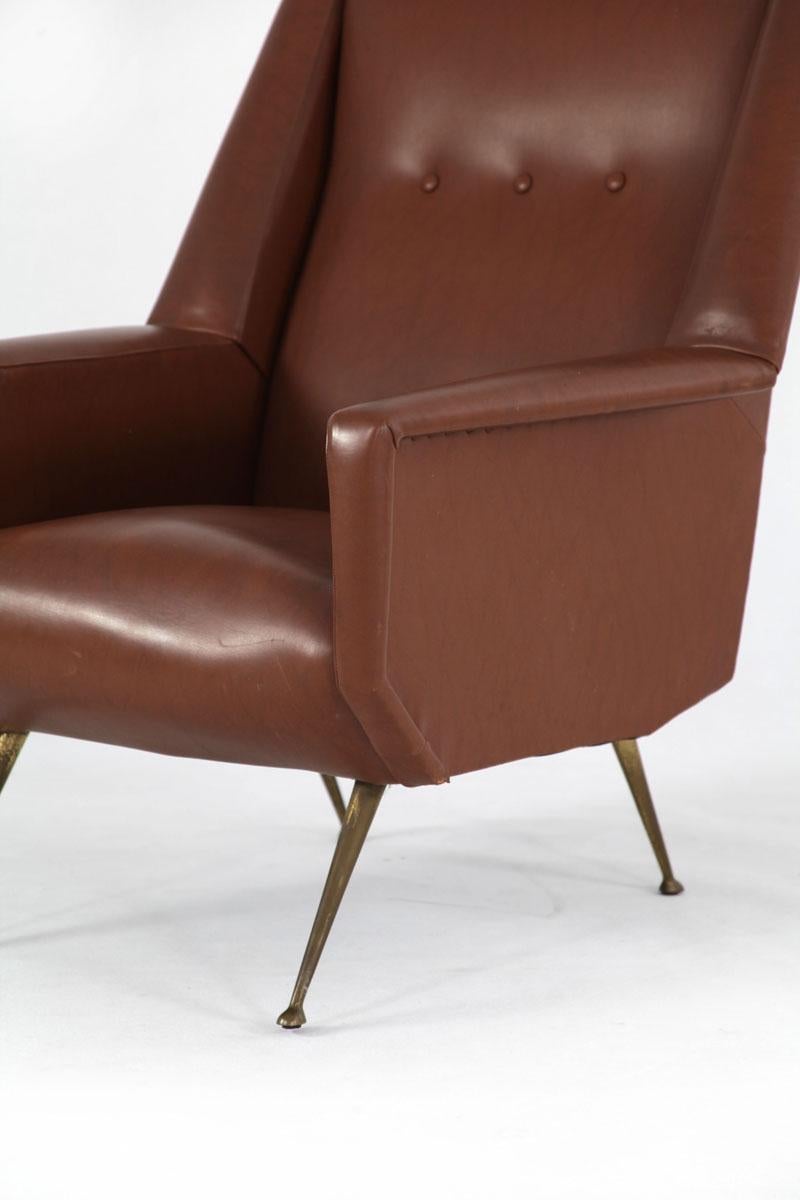 Faux Leather Armchair with Brass Legs, Italy, 1950s For Sale 1