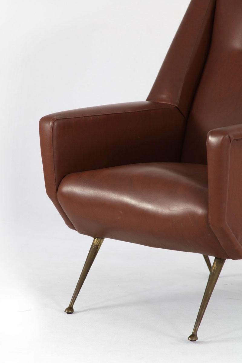 Faux Leather Armchair with Brass Legs, Italy, 1950s For Sale 2